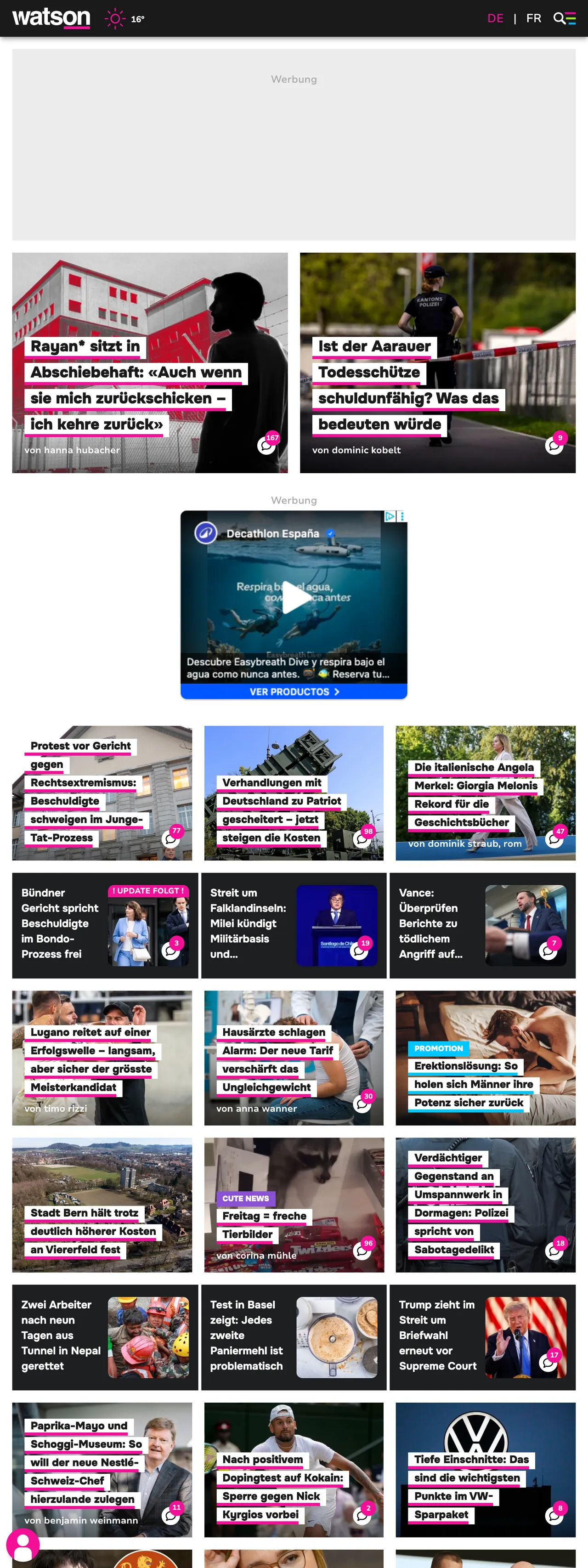 Screenshot of the watson front page