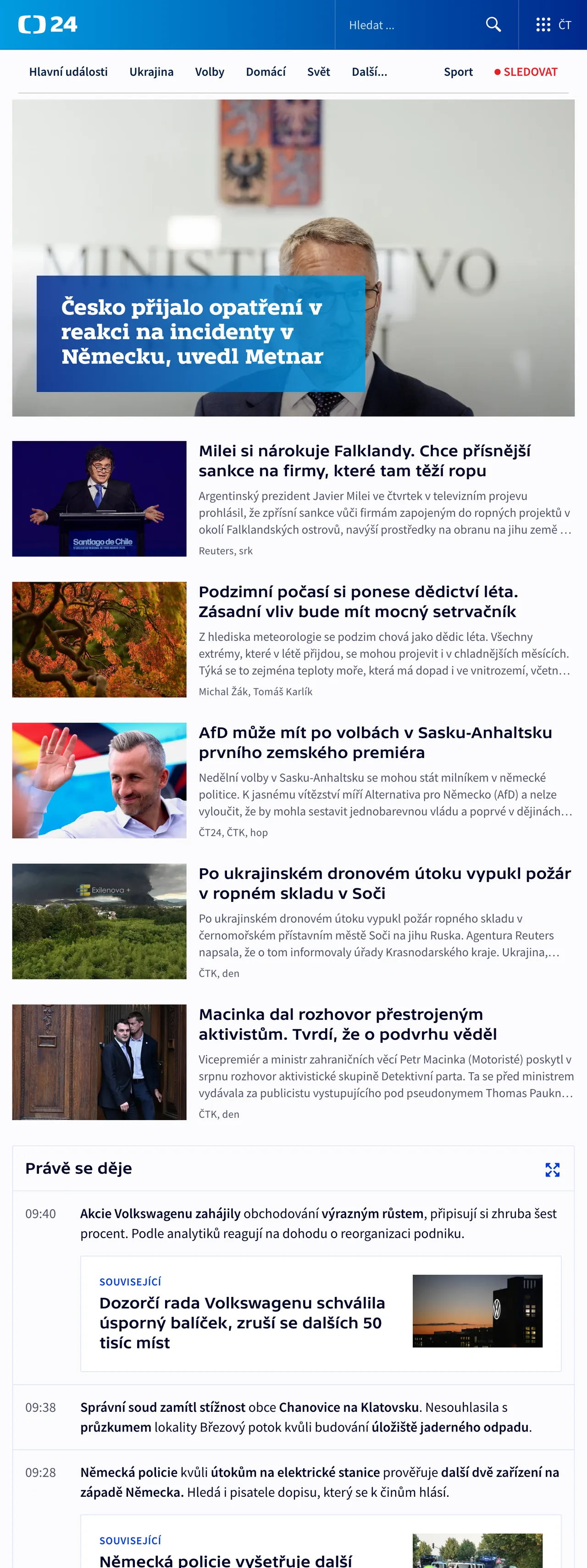 Screenshot of the ČT24 front page
