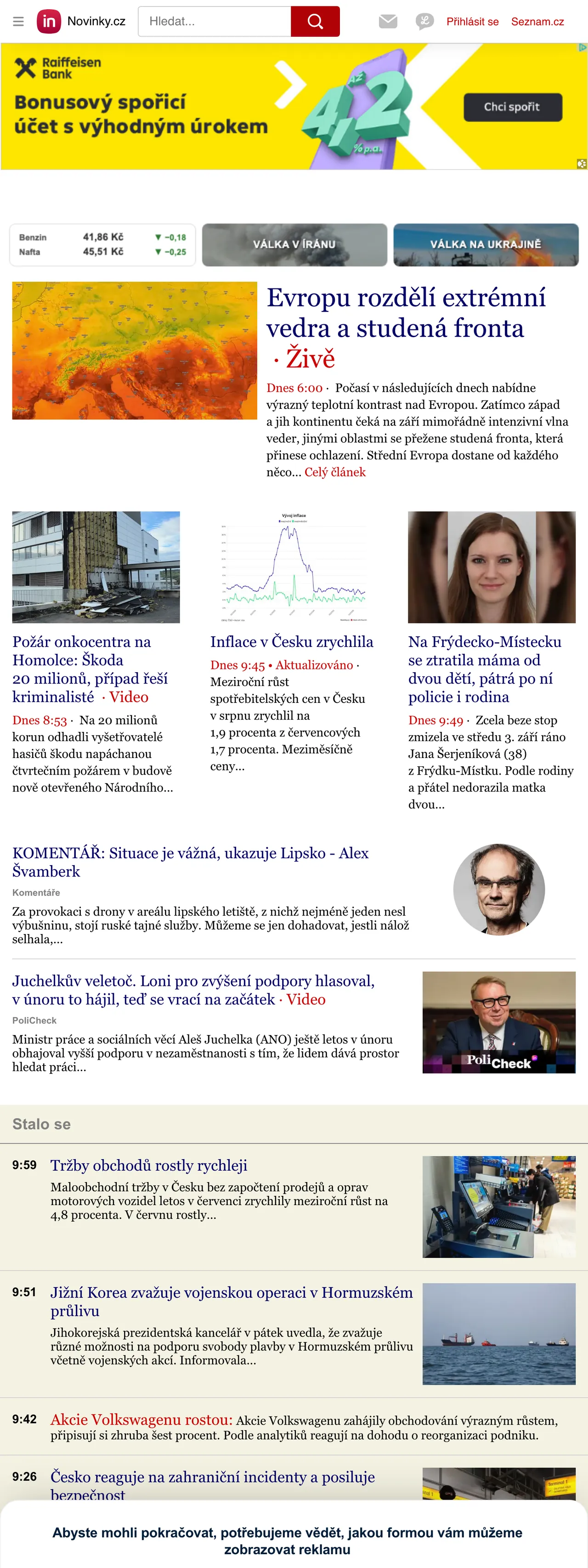Screenshot of the Novinky.cz front page