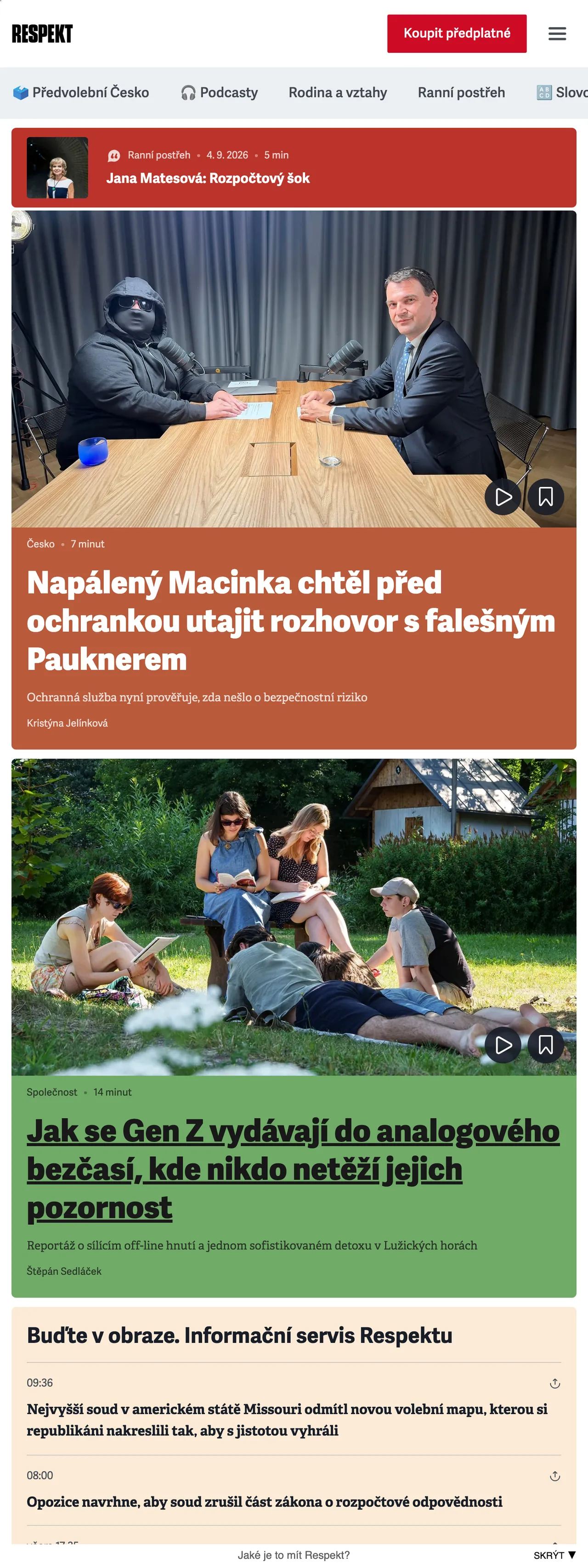 Screenshot of the Respekt front page