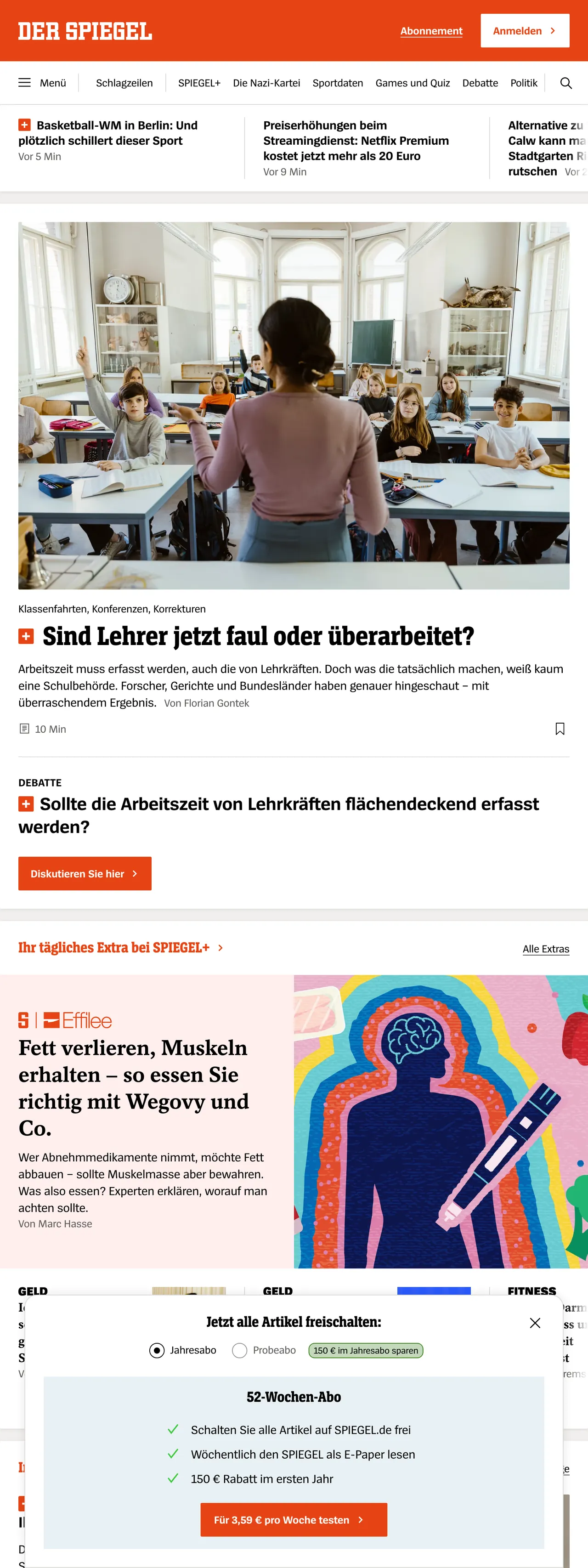 Screenshot of the DER SPIEGEL front page