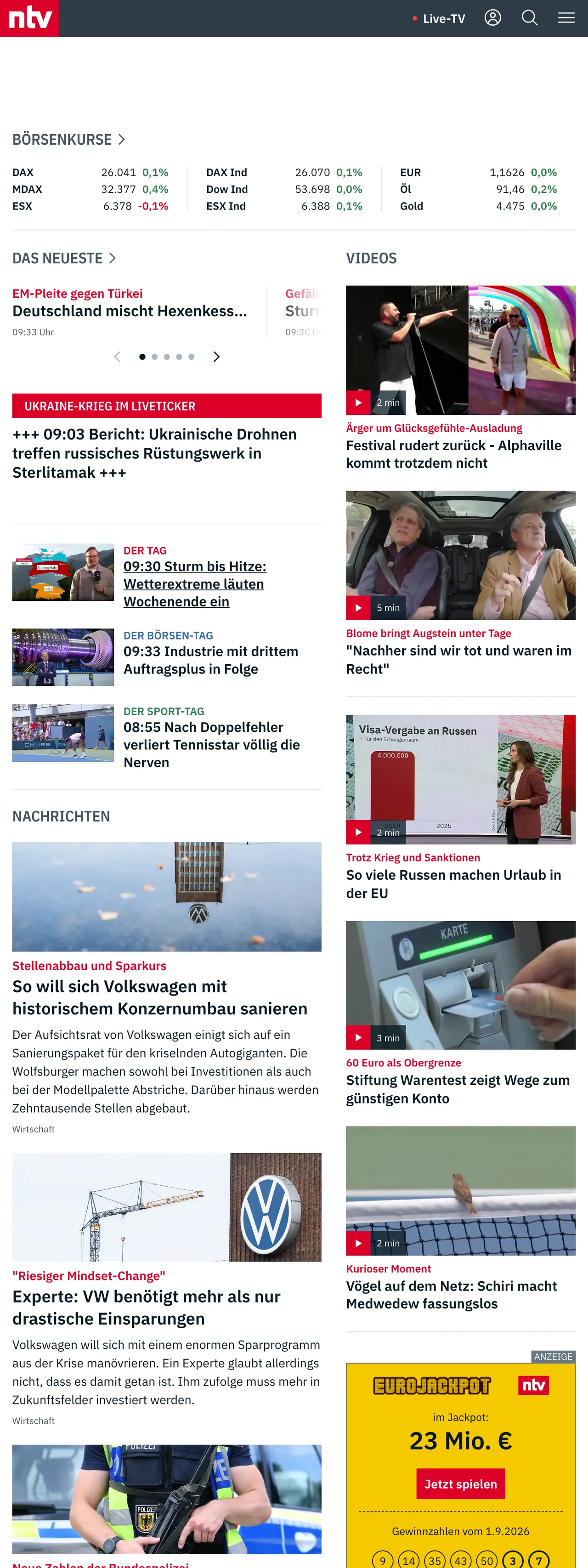 Screenshot of the n-tv front page
