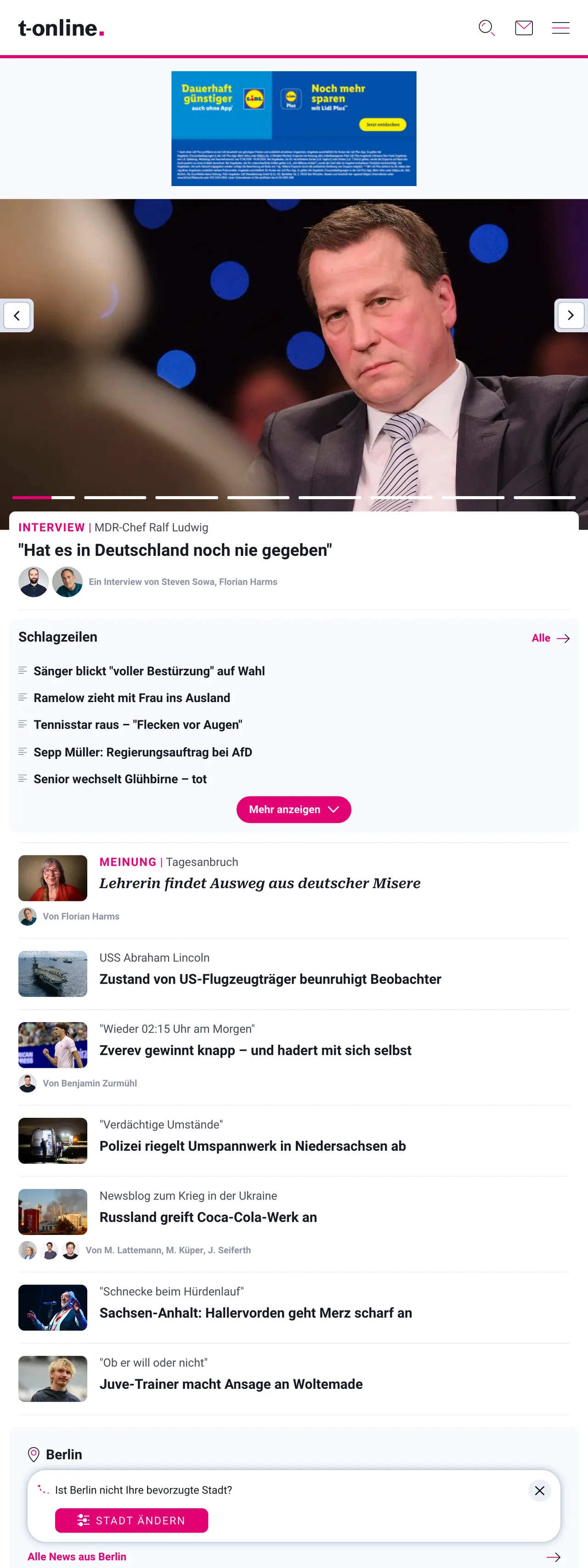 Screenshot of the t-online front page
