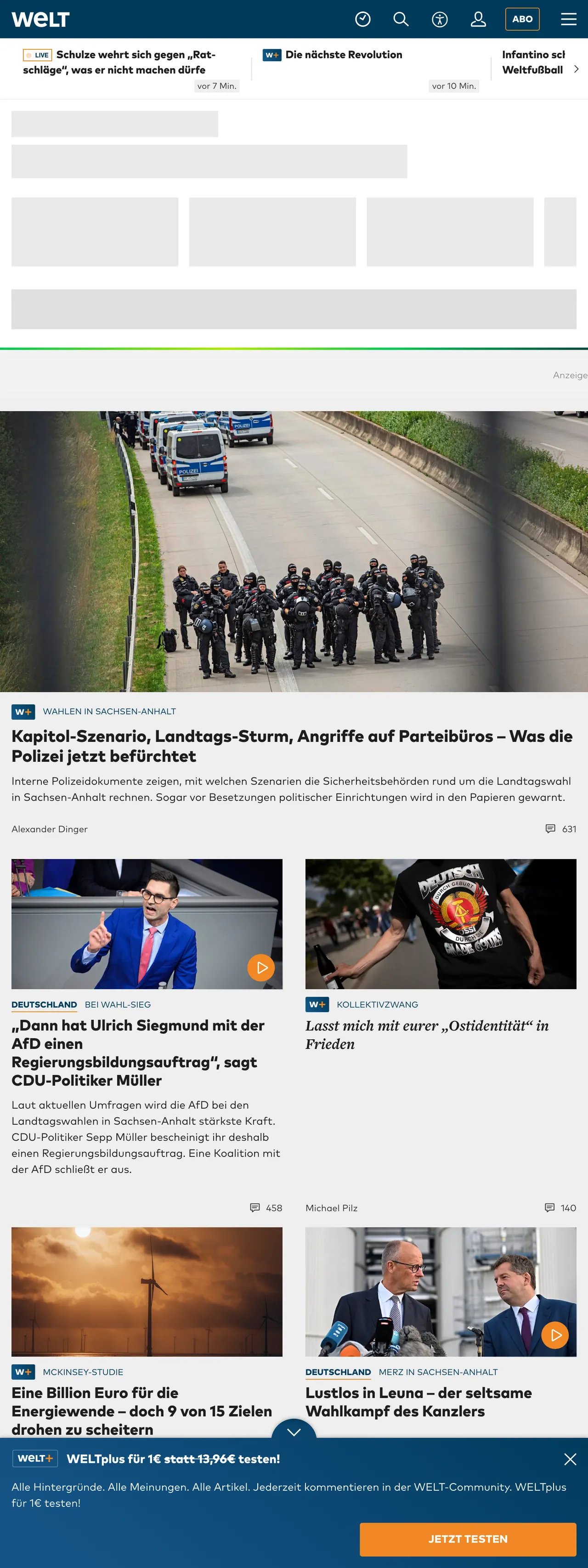 Screenshot of the WELT front page