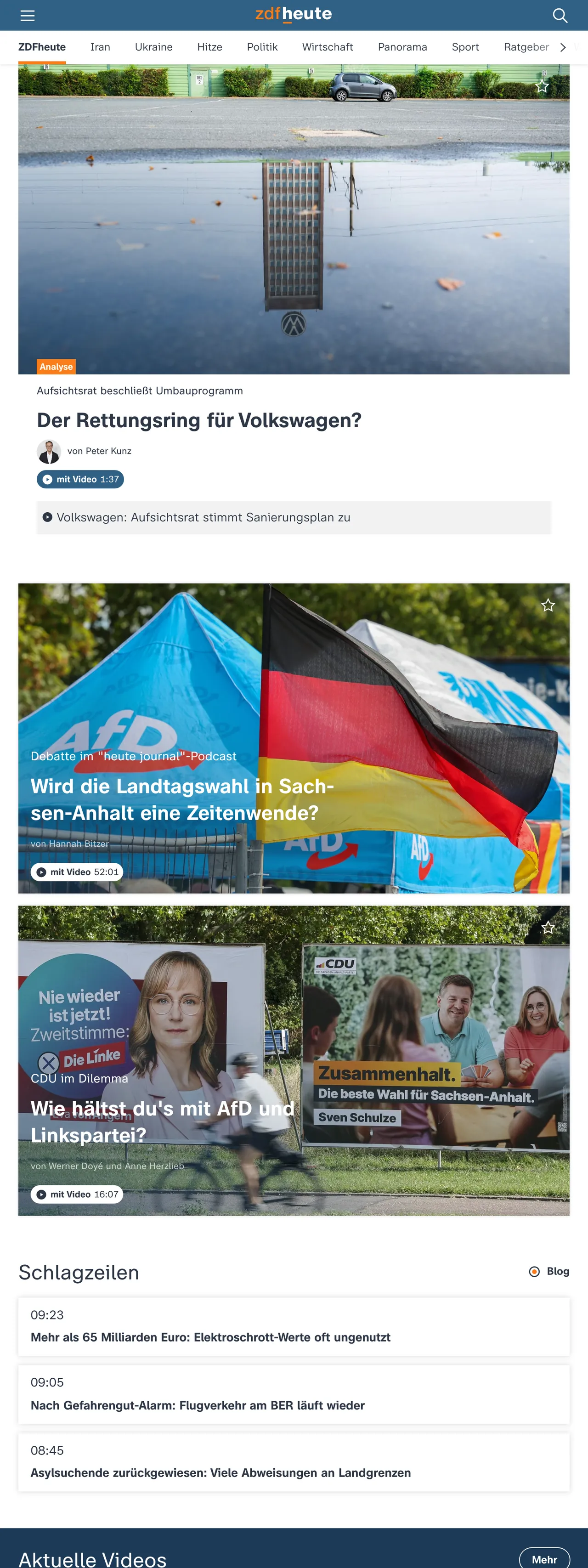 Screenshot of the ZDFheute front page