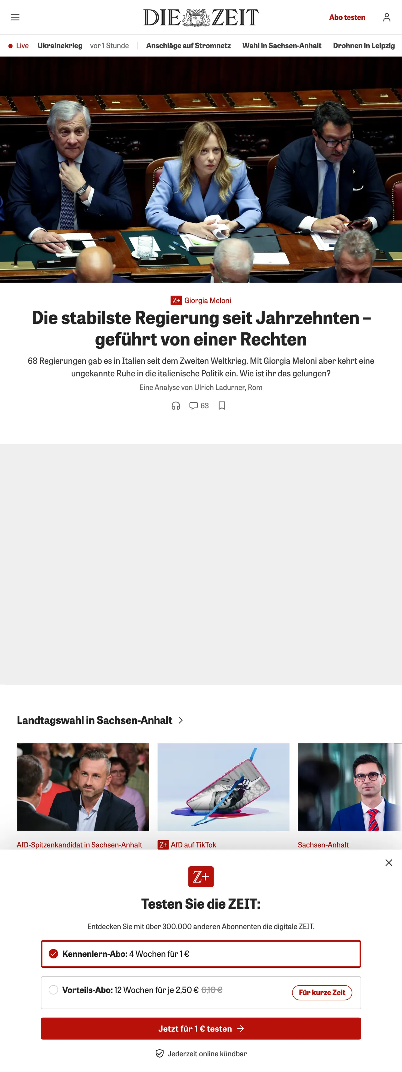Screenshot of the ZEIT ONLINE front page