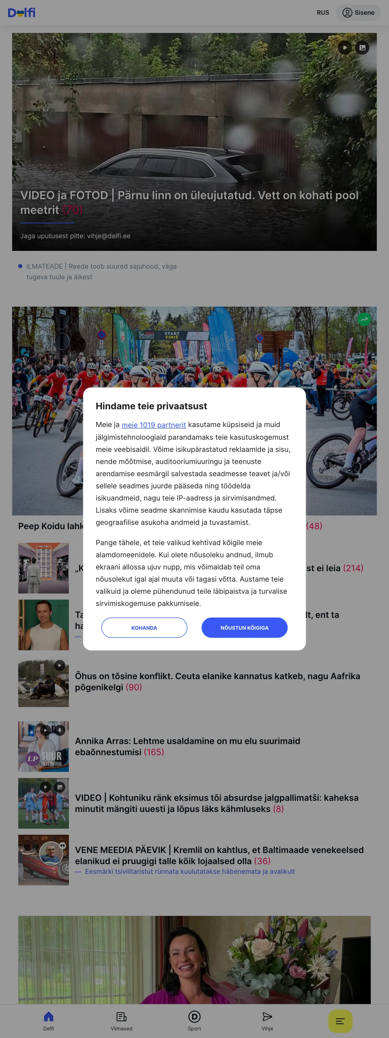 Screenshot of the Delfi front page