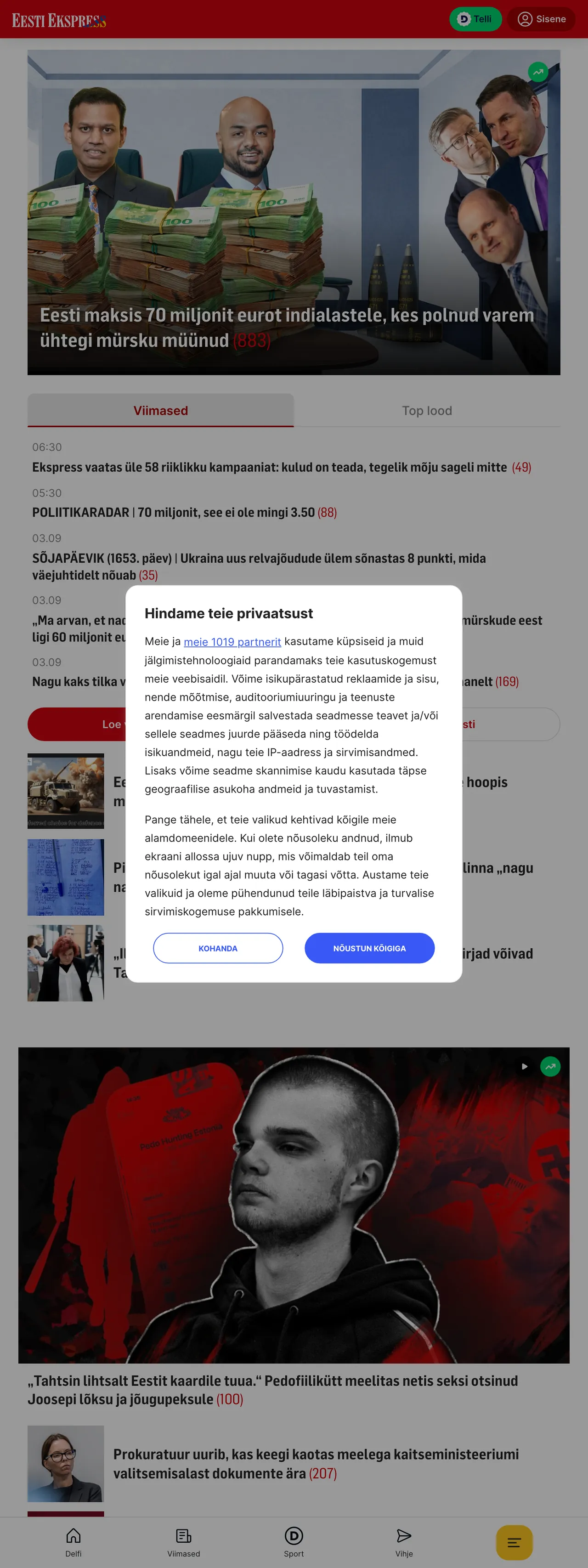 Screenshot of the Eesti Ekspress front page