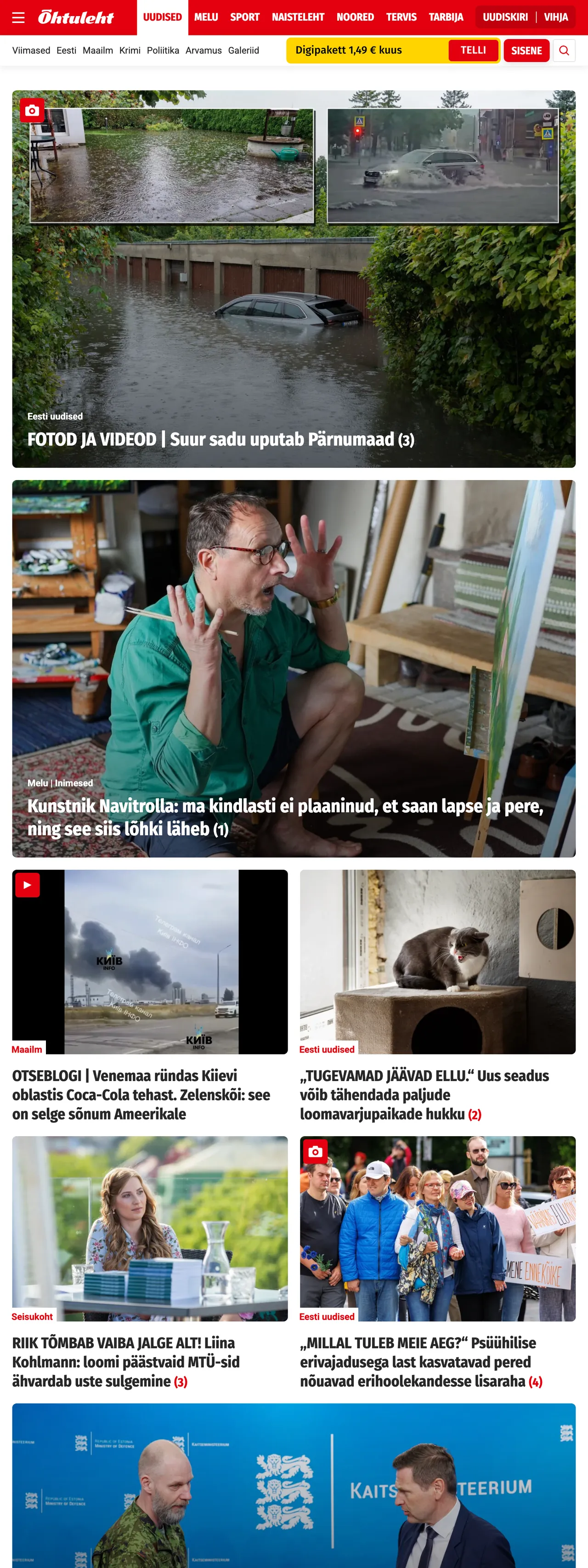 Screenshot of the Õhtuleht front page
