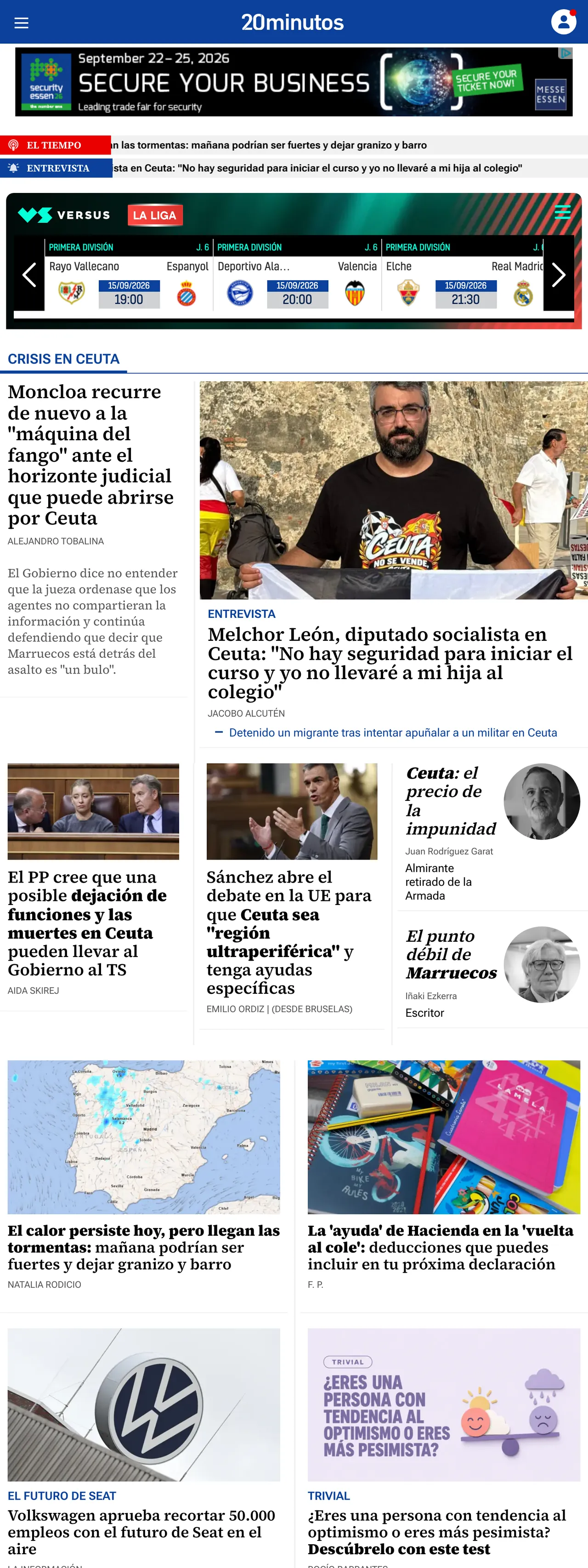 Screenshot of the 20minutos front page