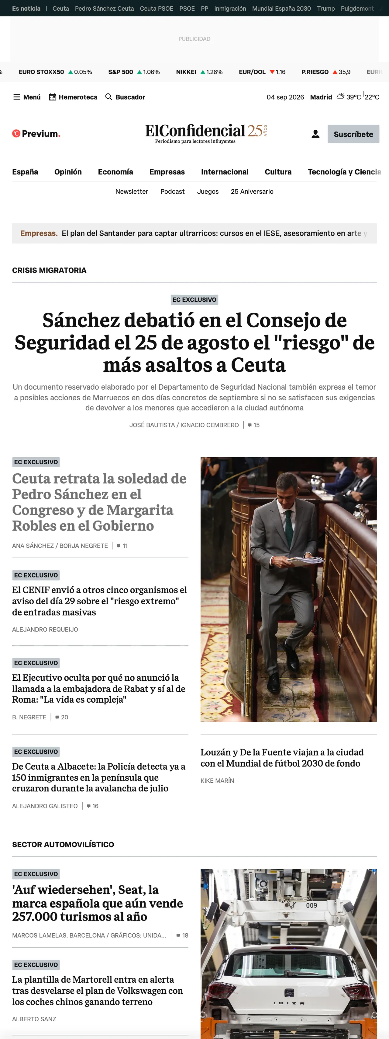 Screenshot of the El Confidencial front page