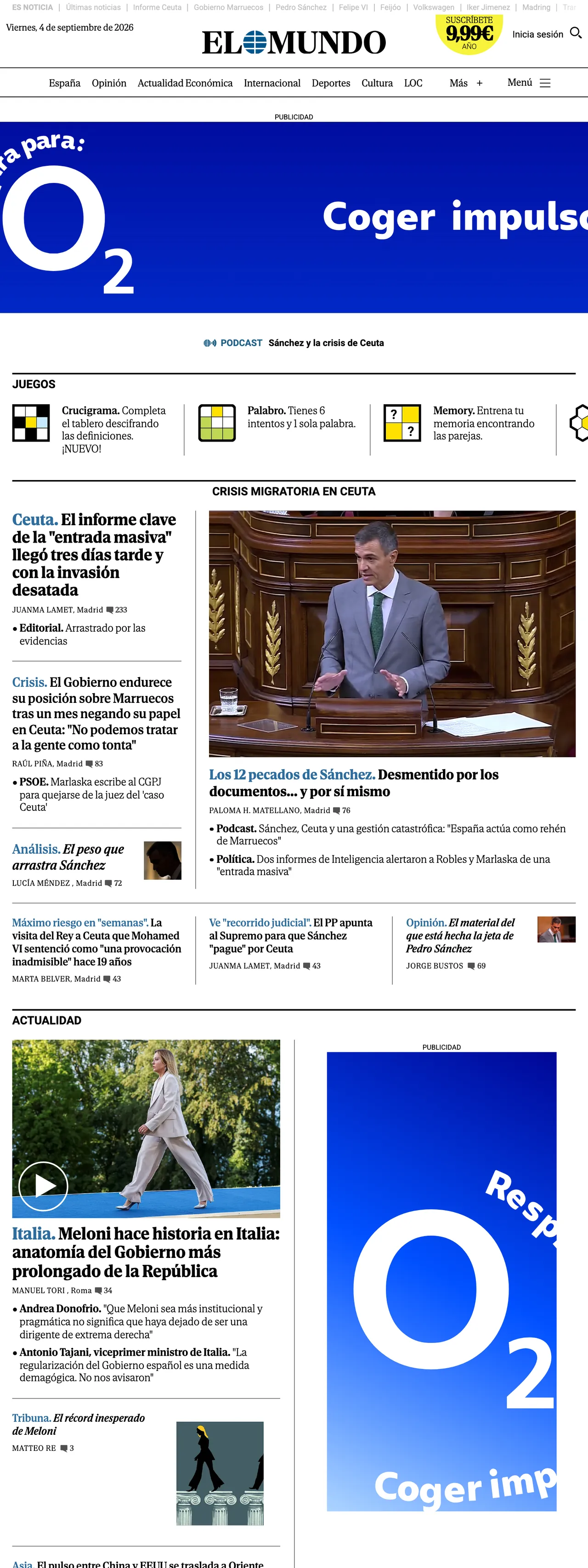 Screenshot of the El Mundo front page
