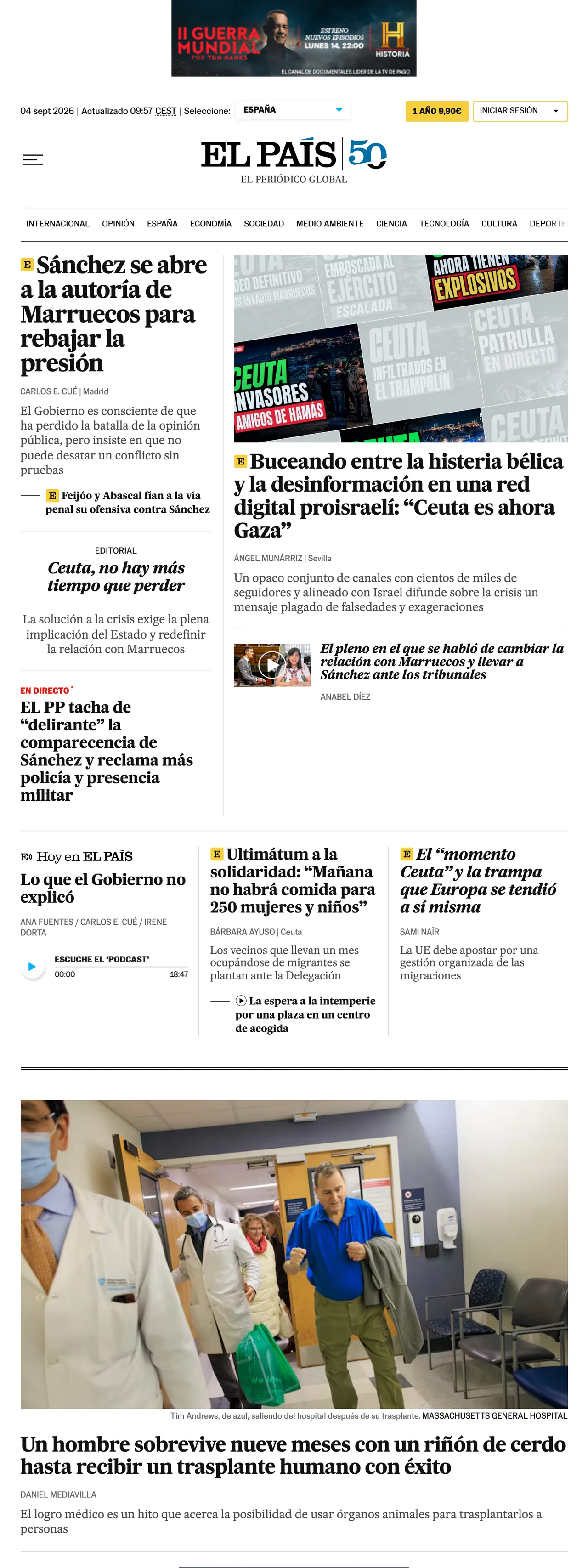 Screenshot of the EL PAÍS front page