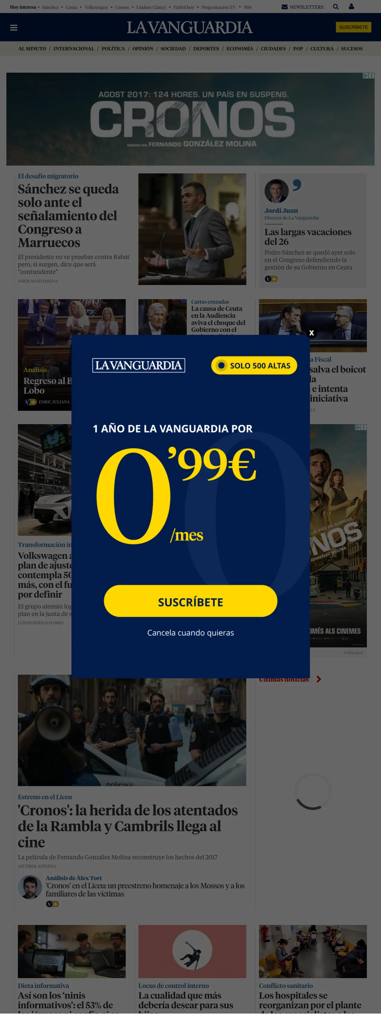 Screenshot of the La Vanguardia front page