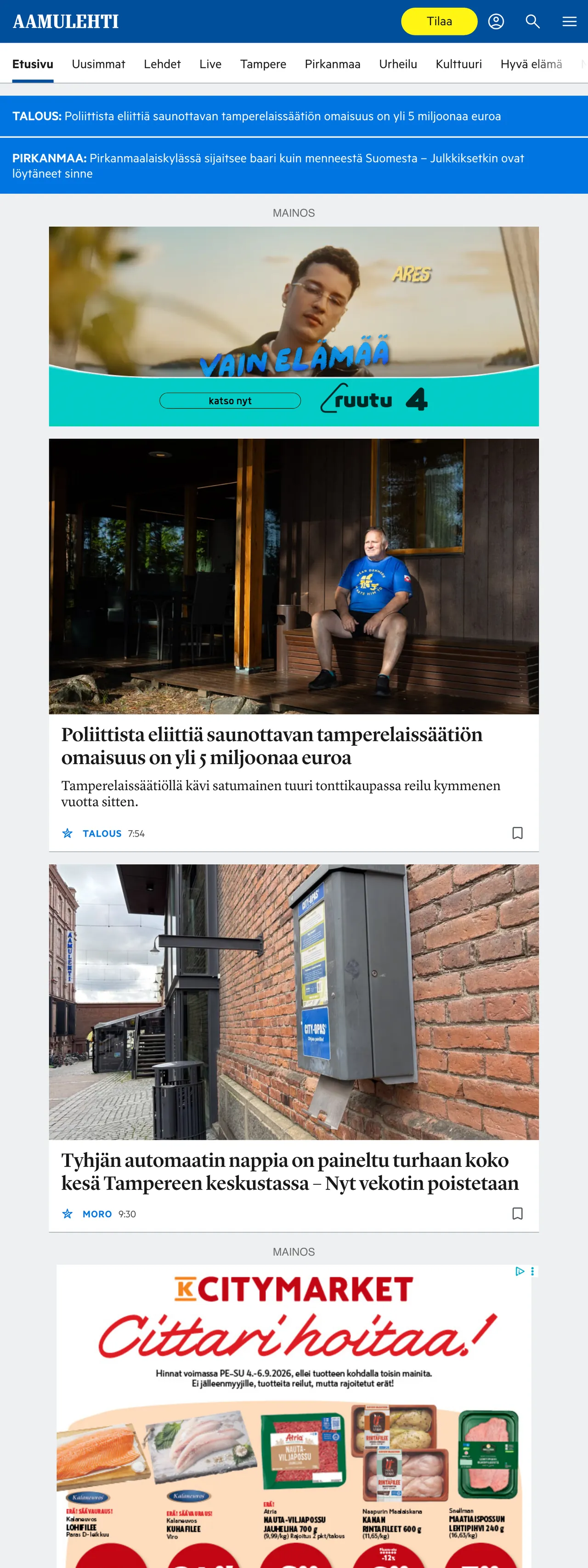 Screenshot of the Aamulehti front page