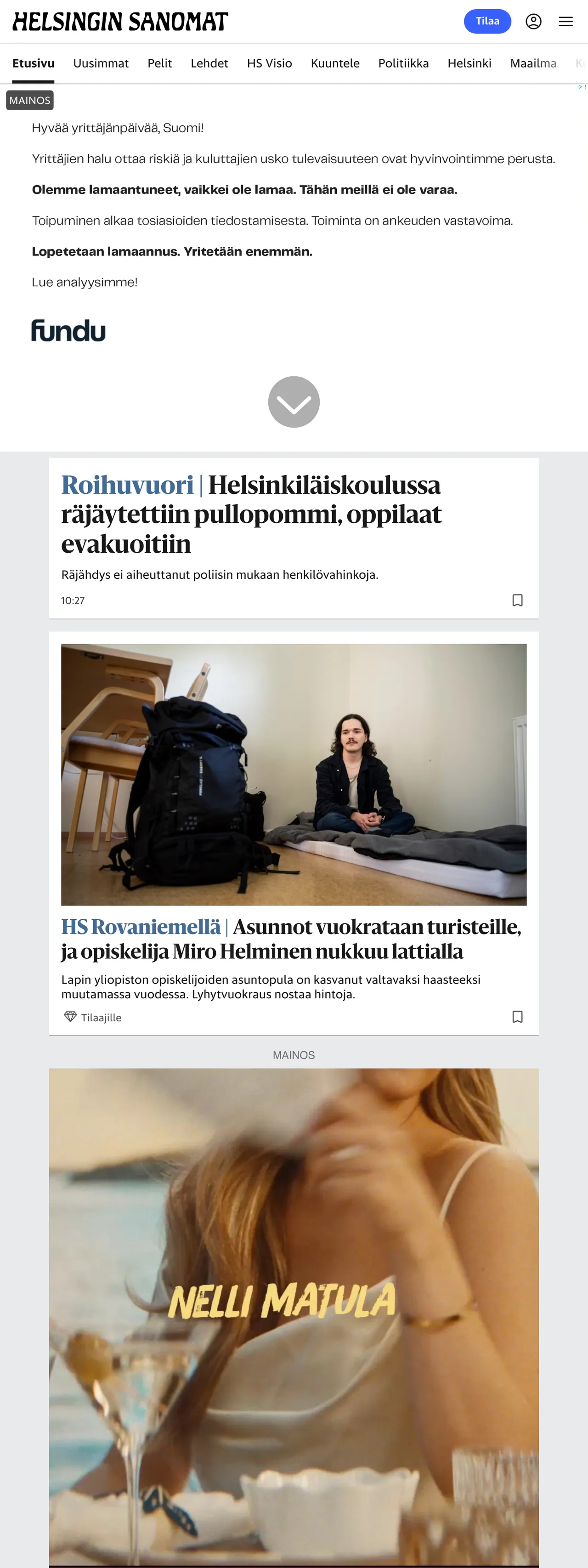 Screenshot of the Helsingin Sanomat front page