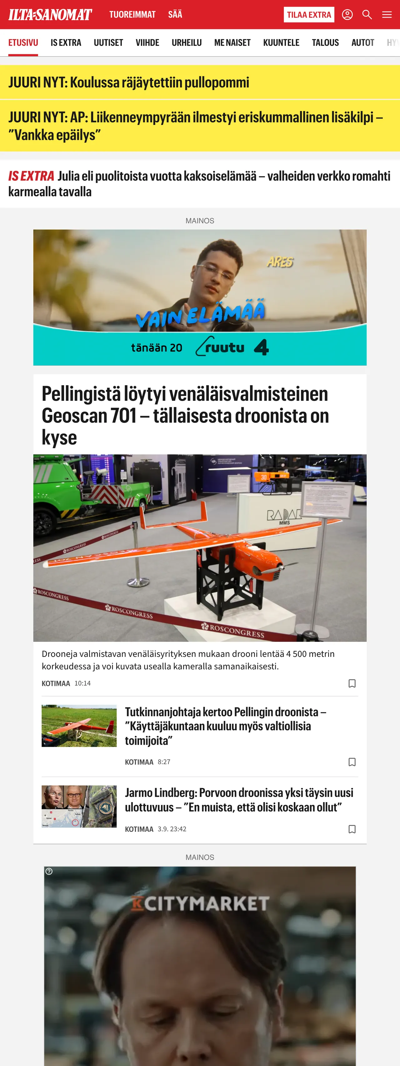 Screenshot of the Ilta-Sanomat front page