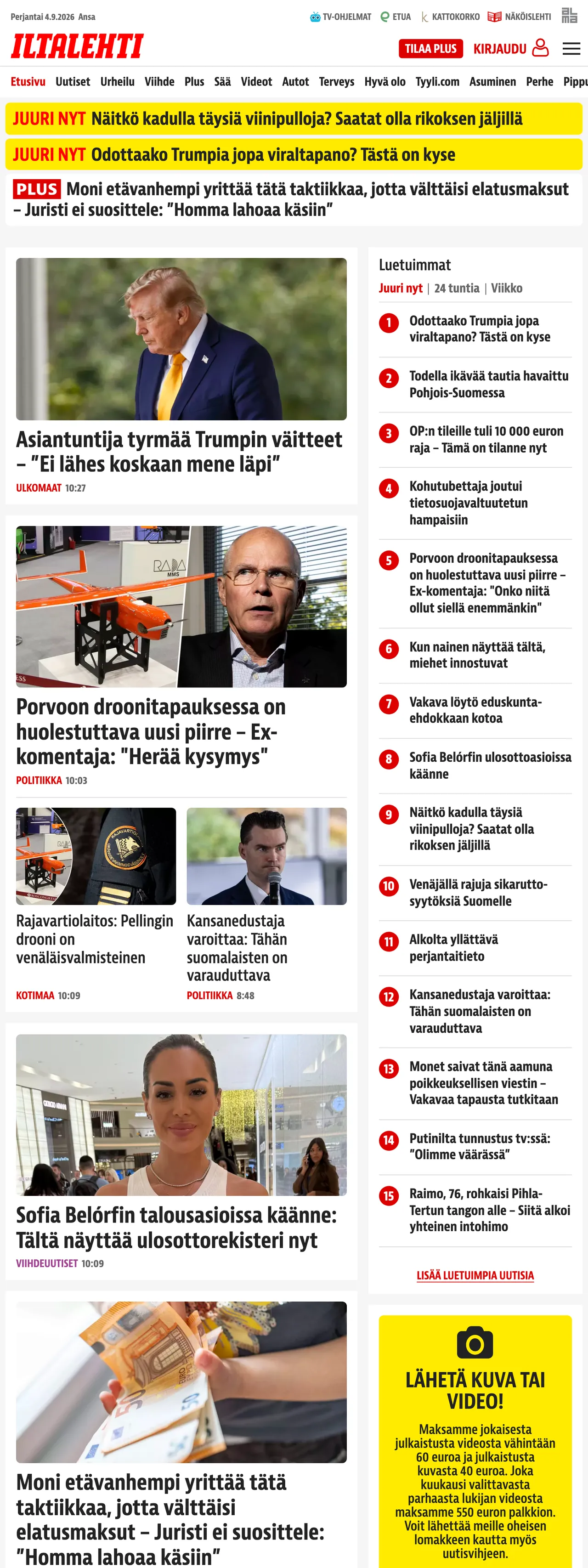 Screenshot of the Iltalehti front page