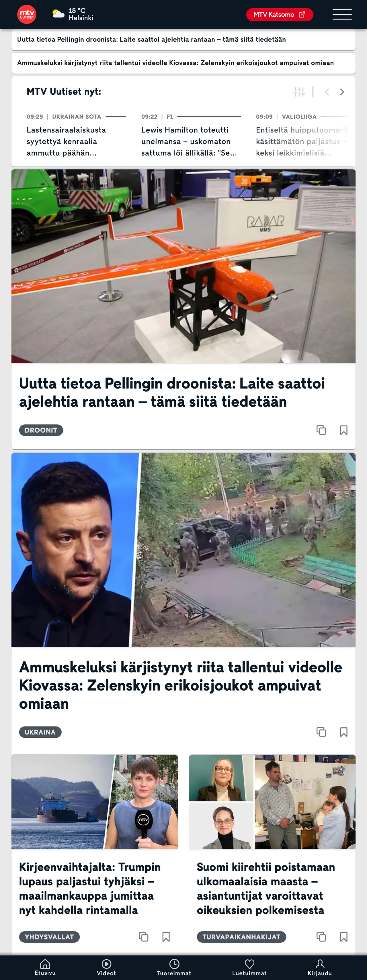 Screenshot of the MTV Uutiset front page