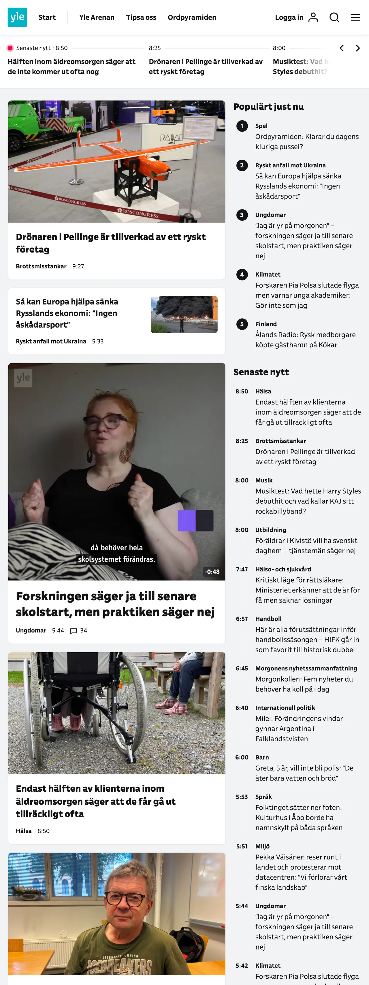 Screenshot of the Svenska Yle front page