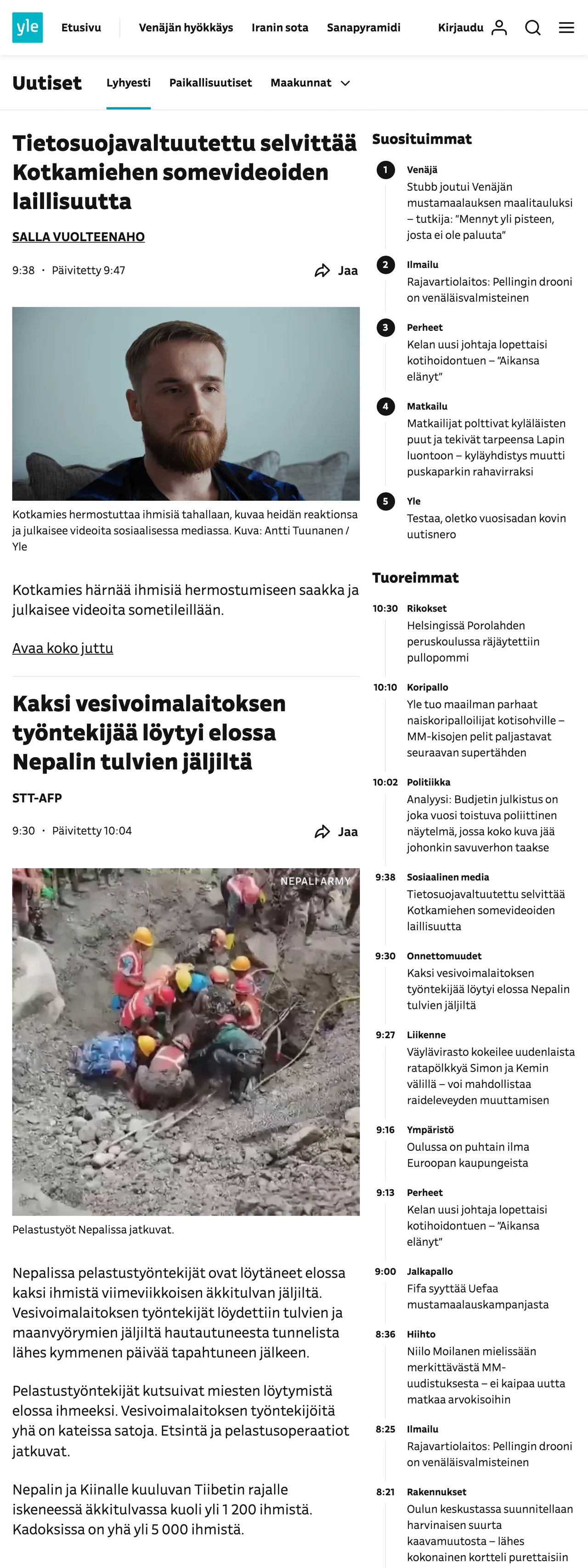 Screenshot of the Yle front page