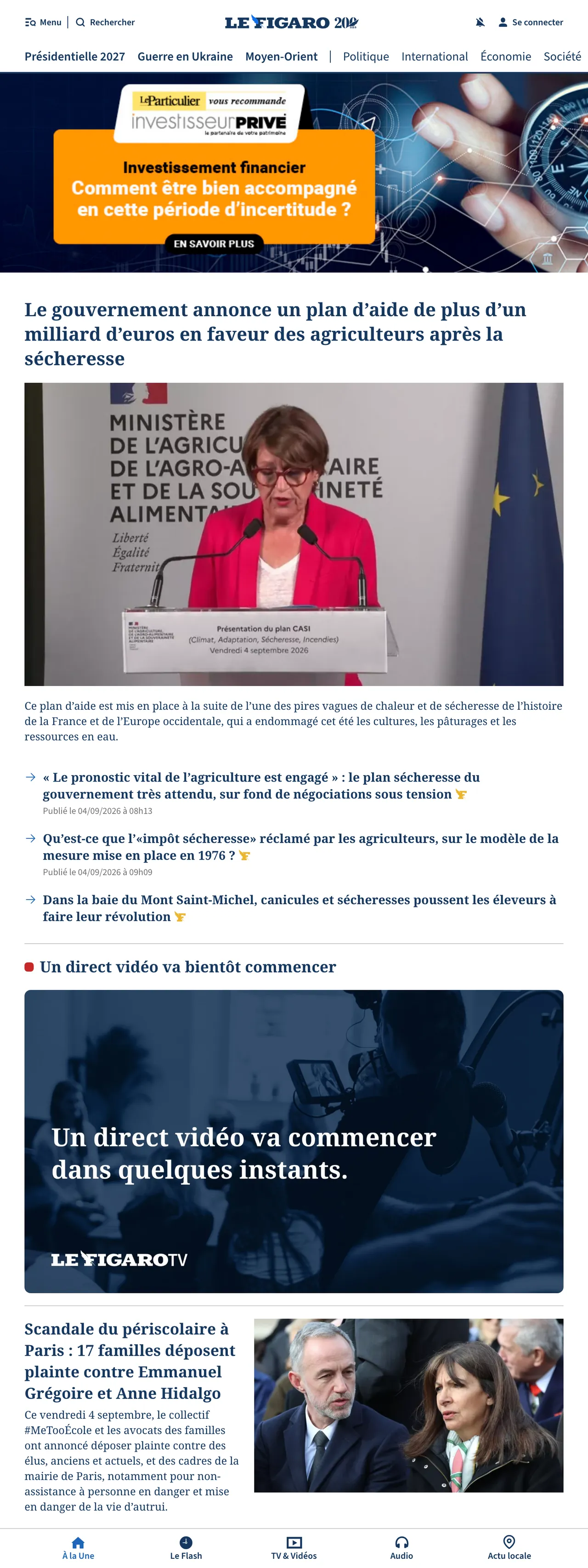 Screenshot of the Le Figaro front page