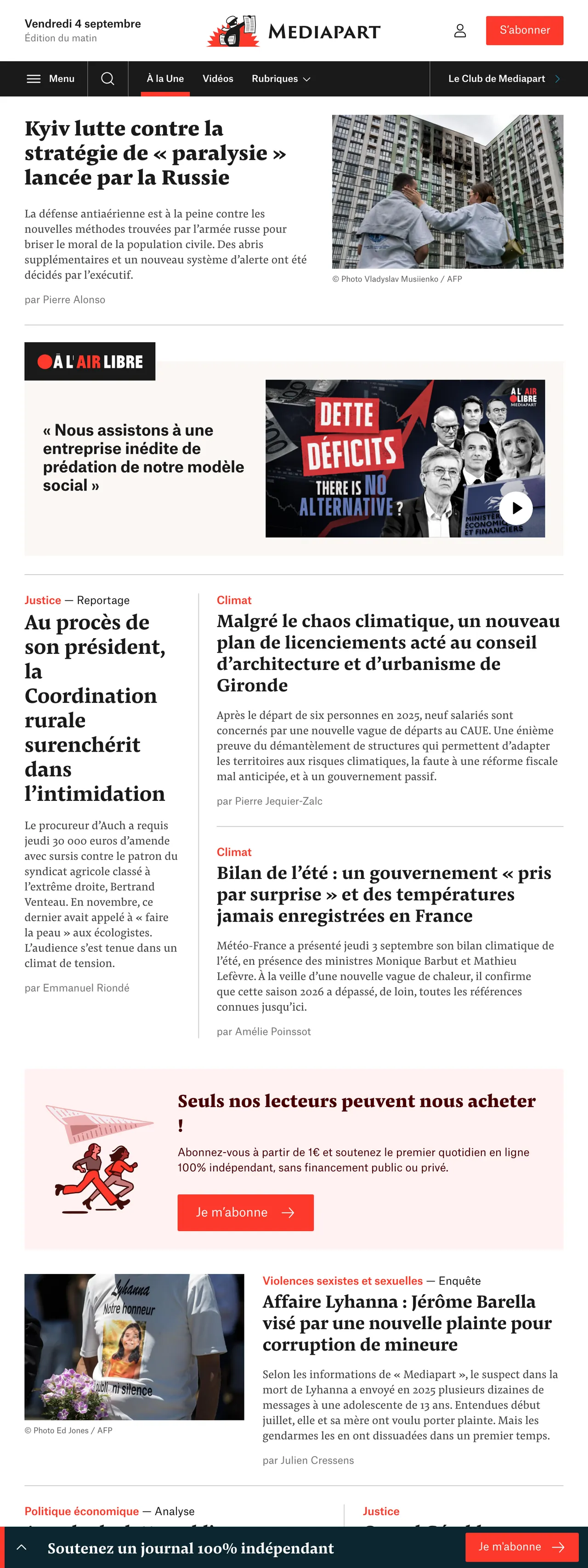 Screenshot of the Mediapart front page