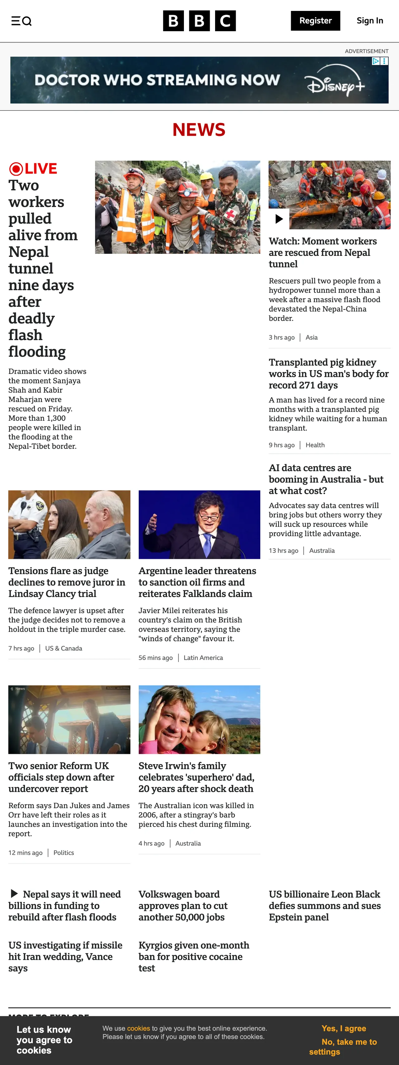 Screenshot of the BBC News front page