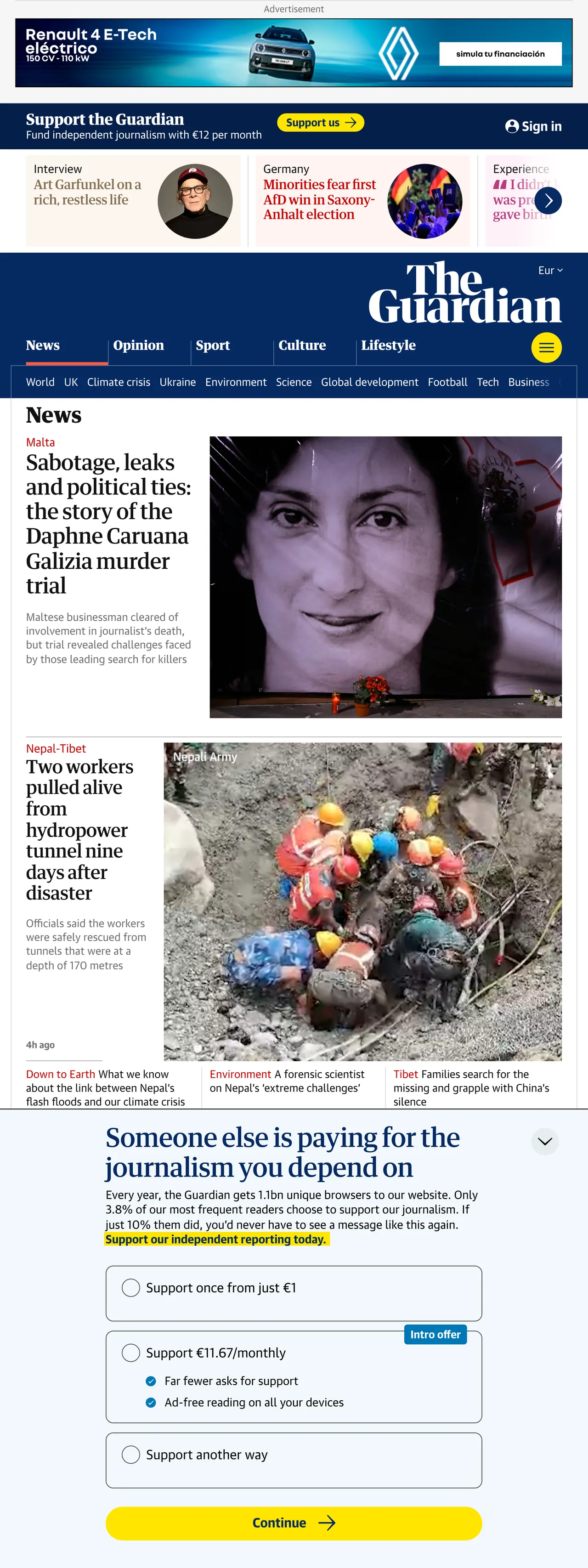 Screenshot of the The Guardian front page