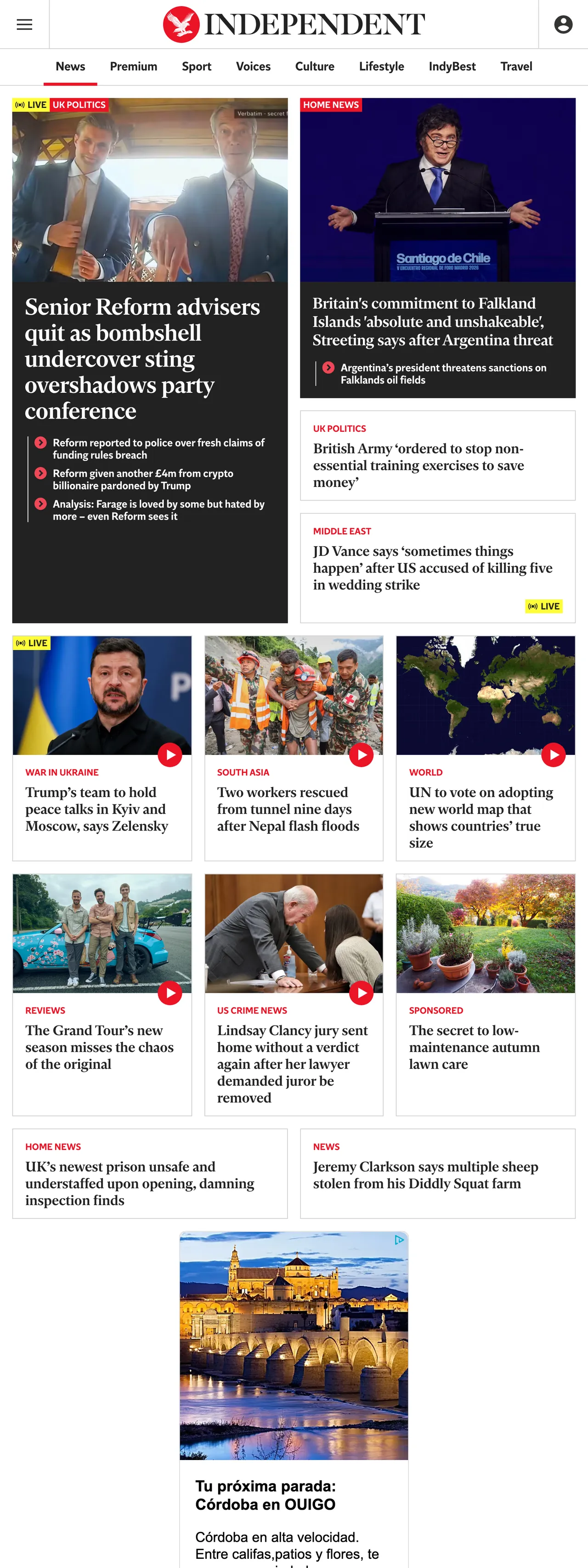 Screenshot of the The Independent front page