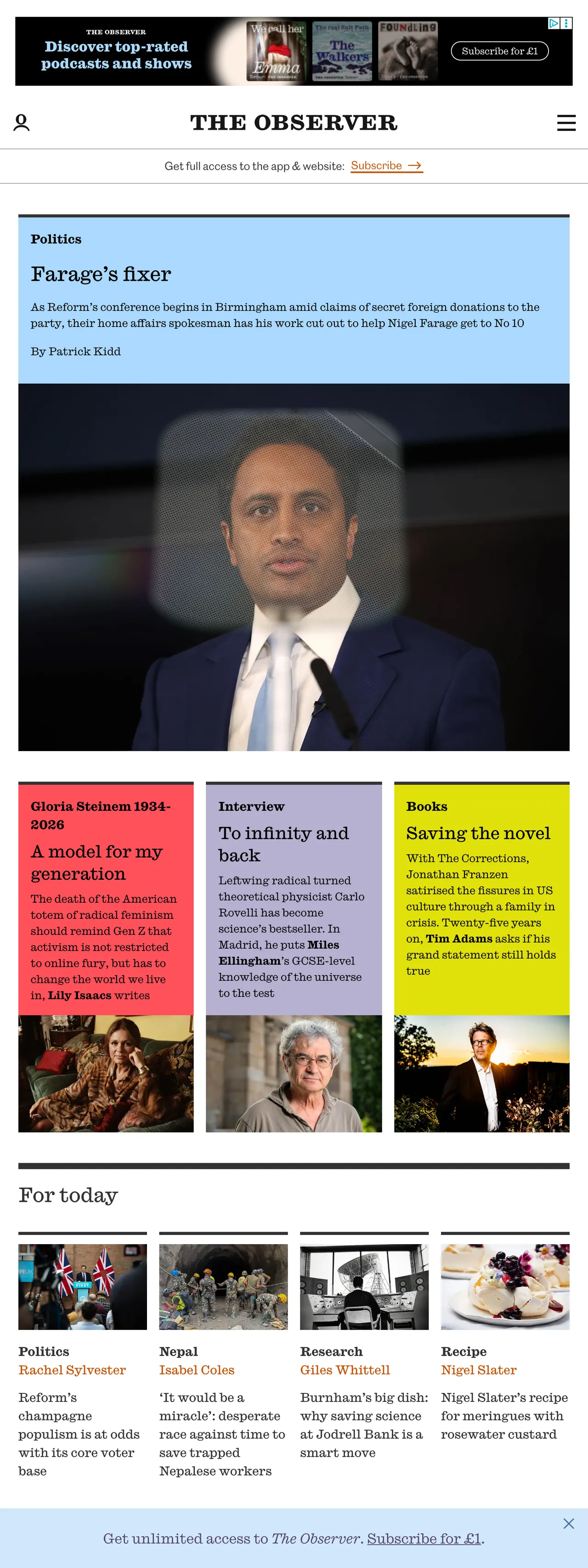 Screenshot of the The Observer front page