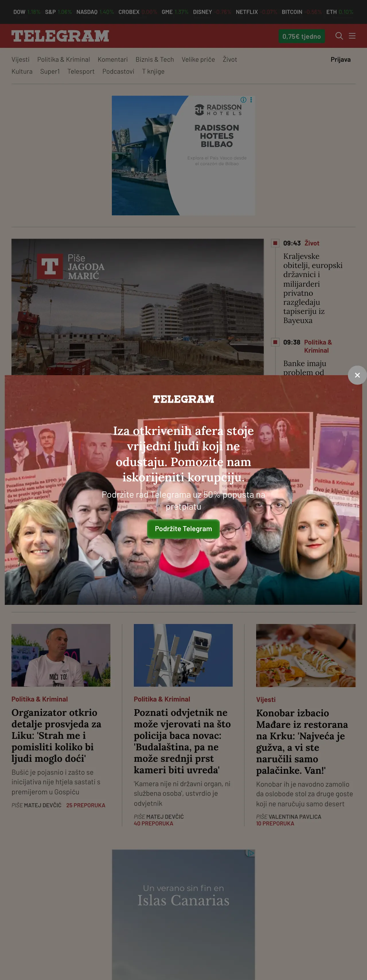 Screenshot of the Telegram.hr front page