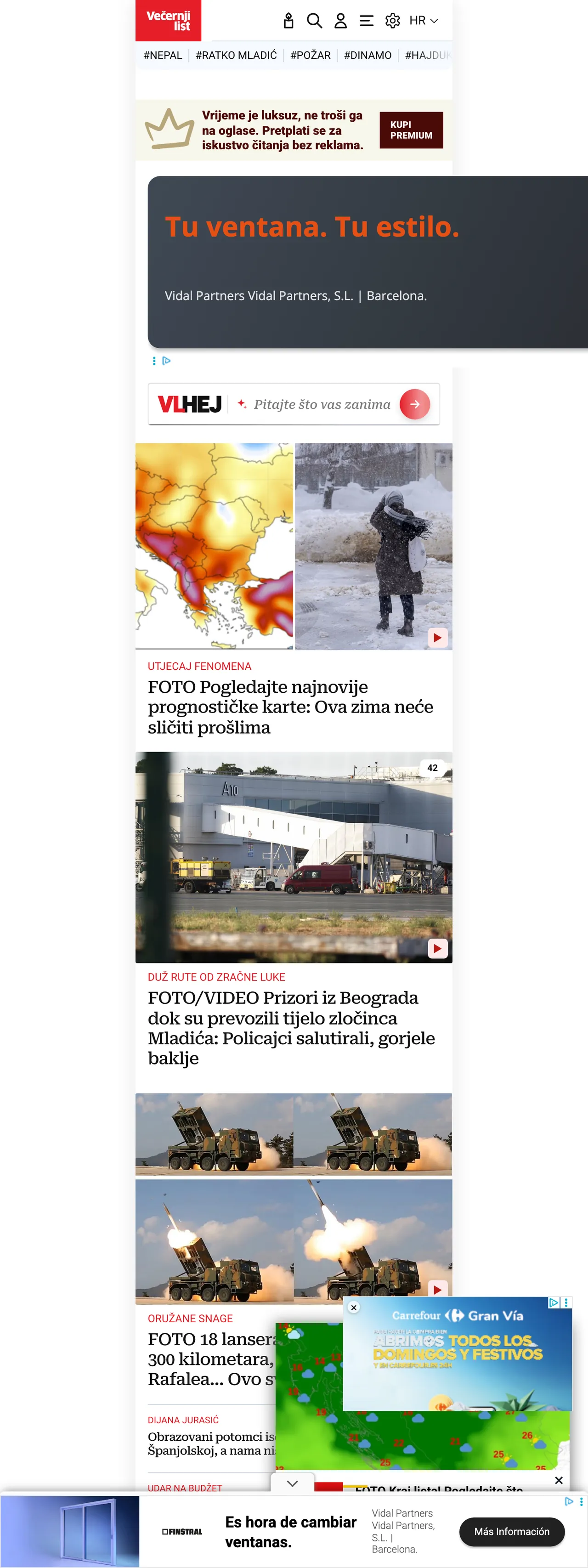 Screenshot of the Večernji list front page