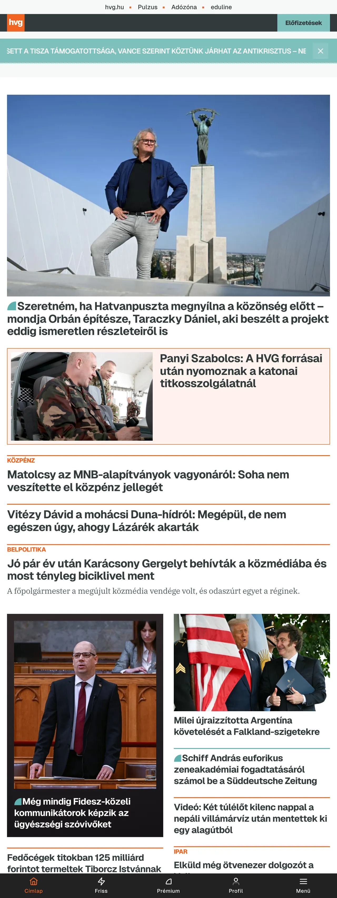 Screenshot of the HVG front page