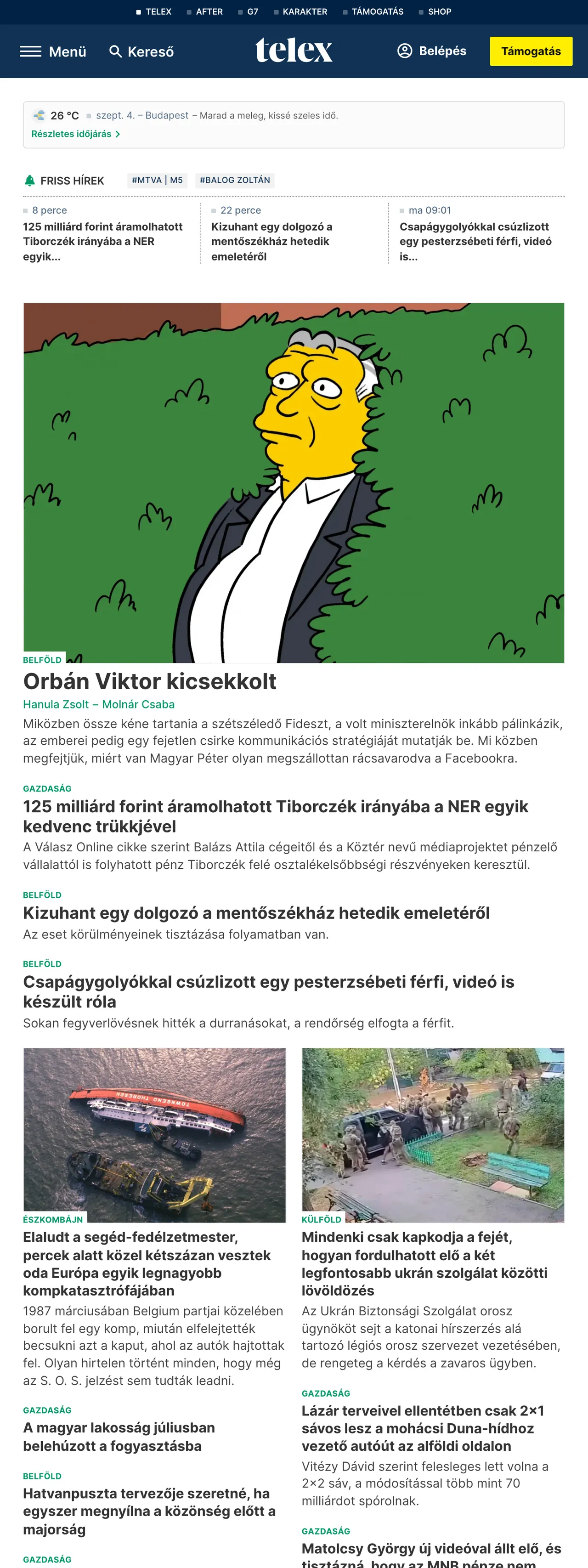 Screenshot of the Telex front page