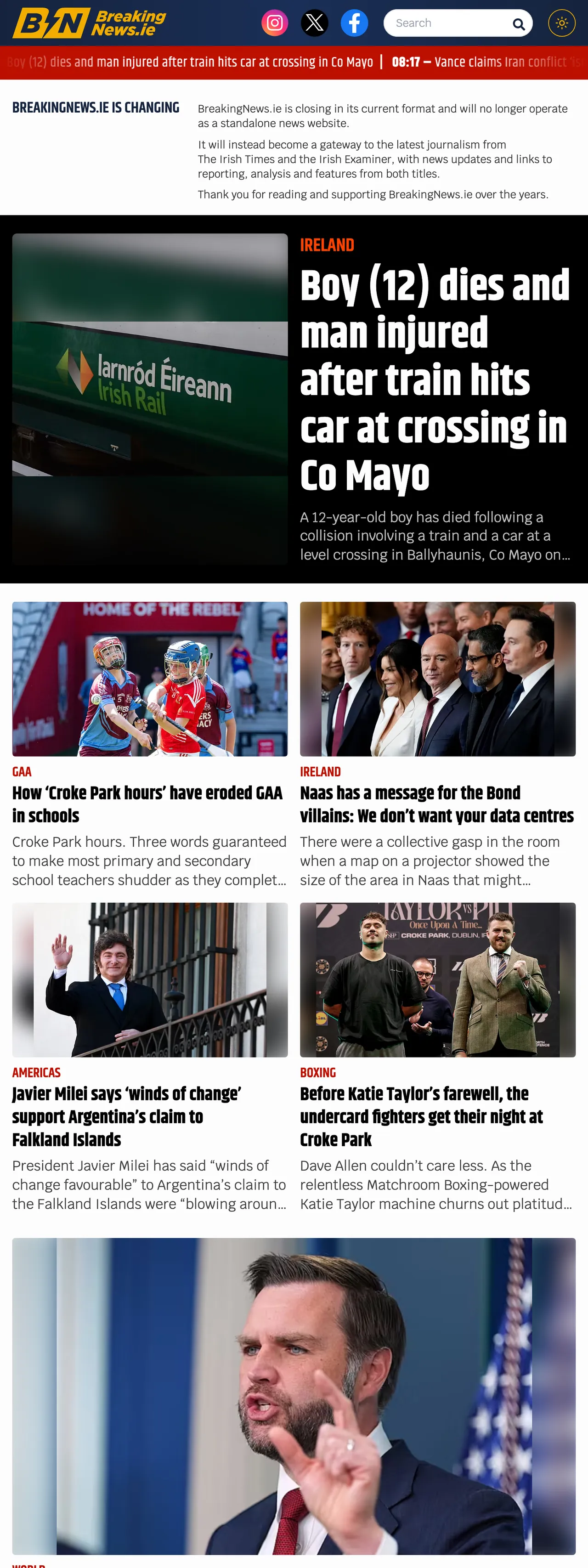 Screenshot of the BreakingNews.ie front page