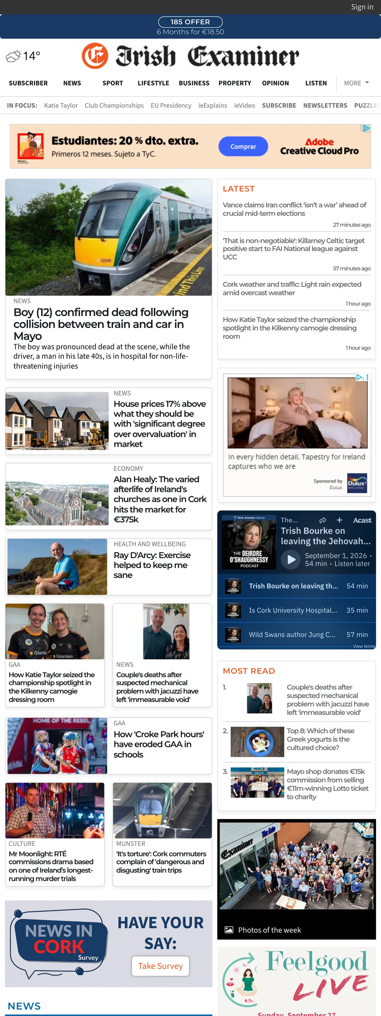 Screenshot of the Irish Examiner front page