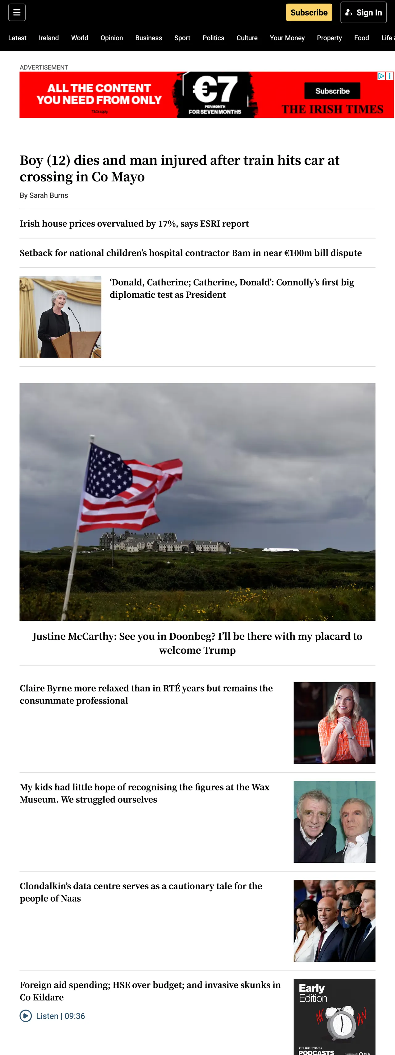 Screenshot of the The Irish Times front page