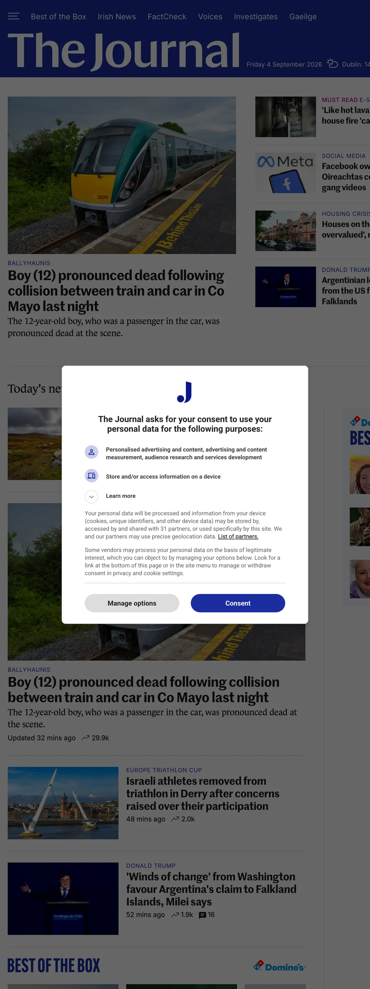 Screenshot of the TheJournal.ie front page