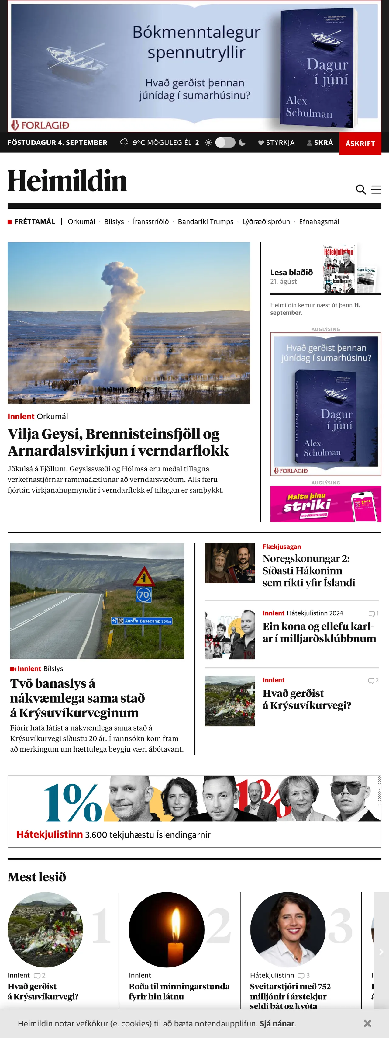 Screenshot of the Heimildin front page