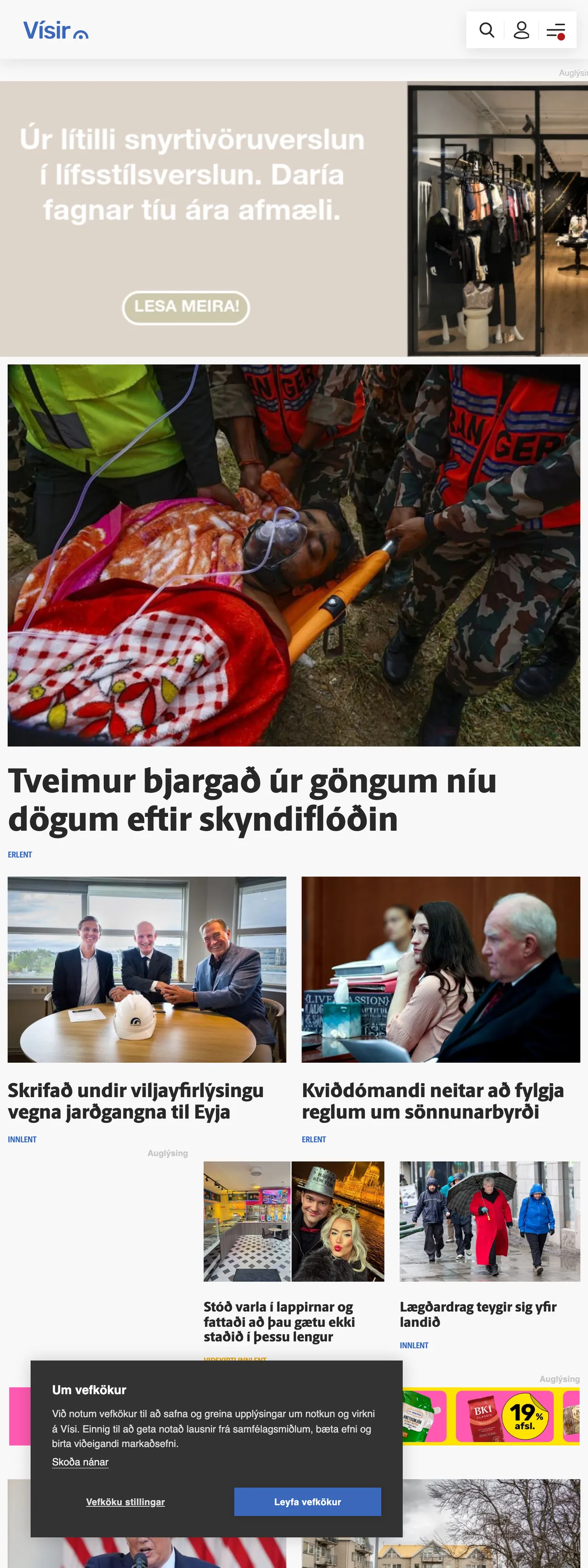 Screenshot of the Vísir front page