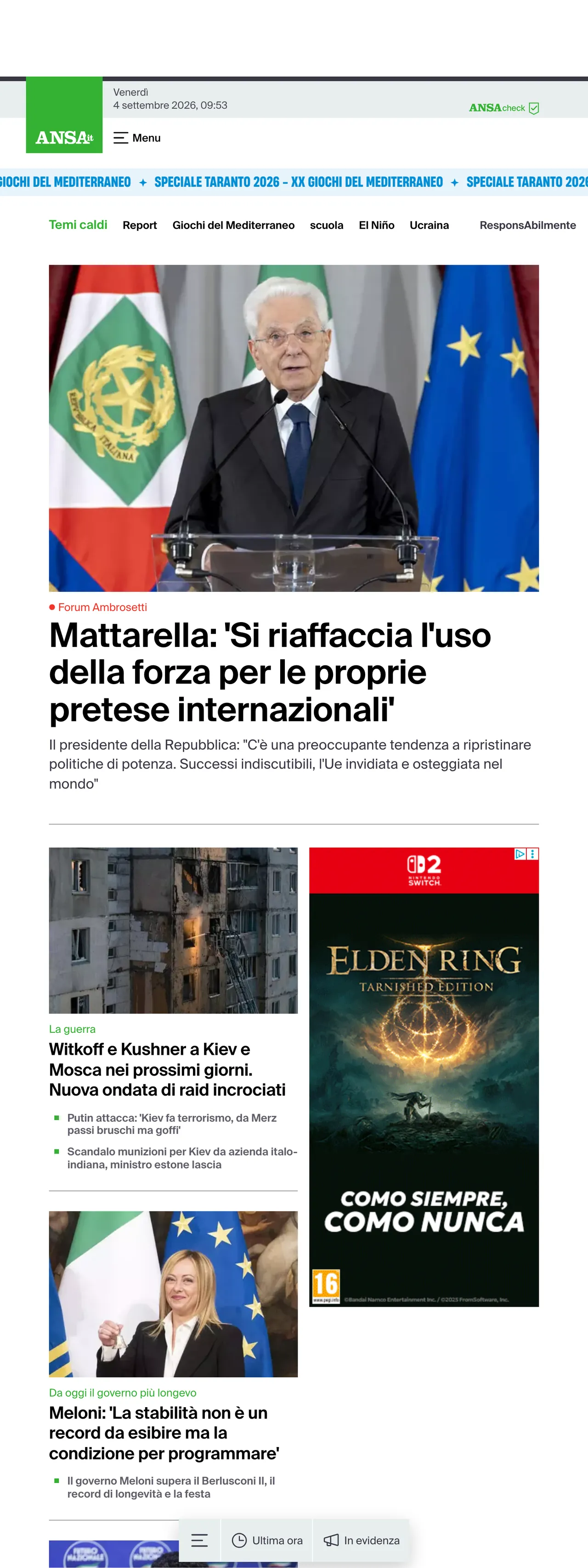 Screenshot of the ANSA front page