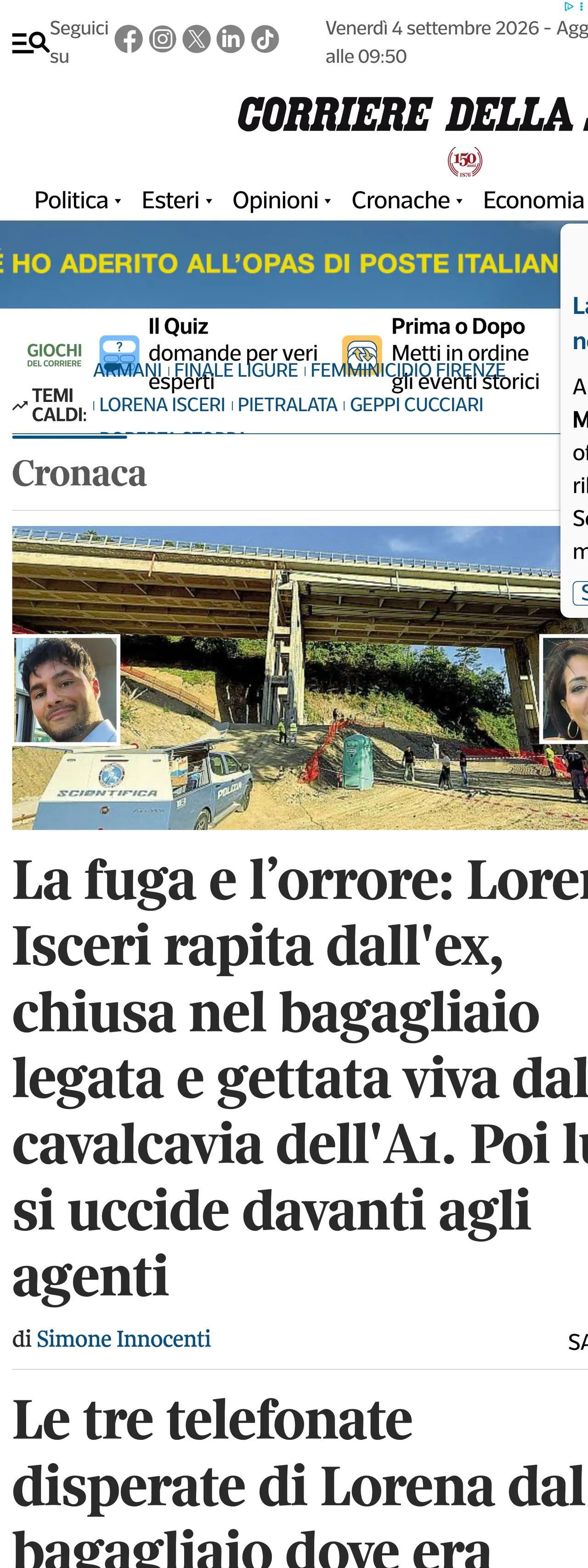 Screenshot of the Corriere della Sera front page