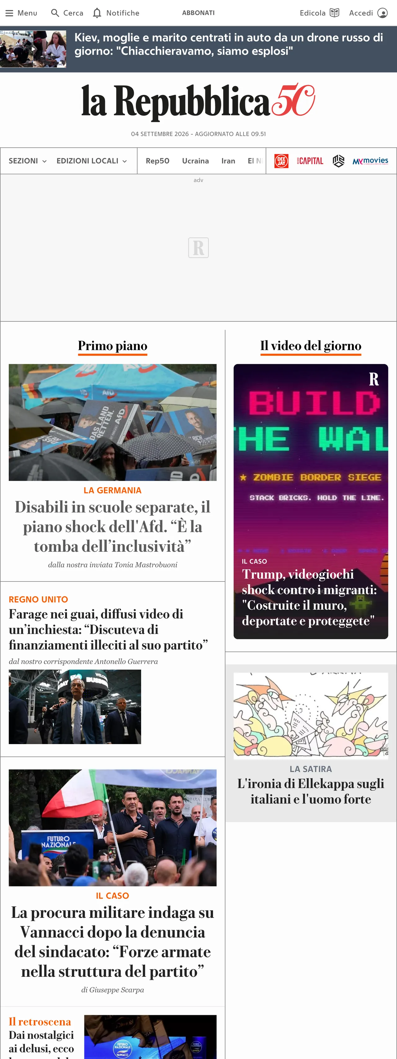 Screenshot of the la Repubblica front page