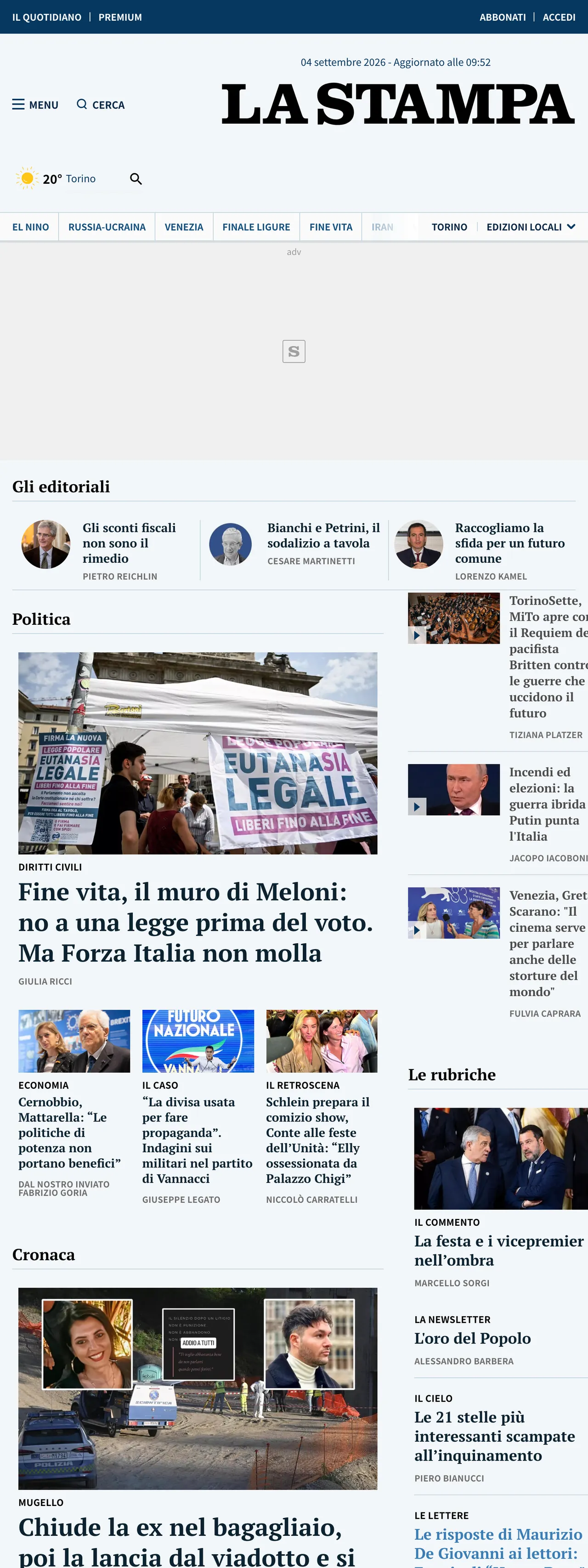 Screenshot of the La Stampa front page