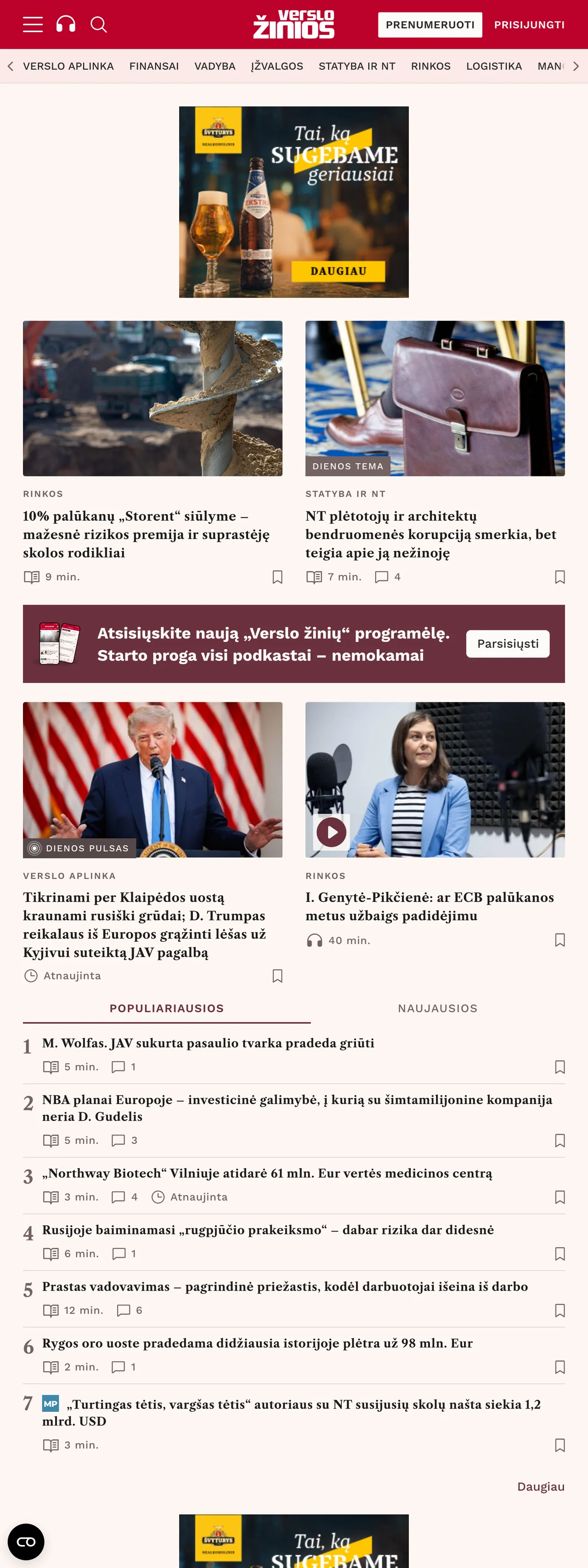 Screenshot of the Verslo žinios front page