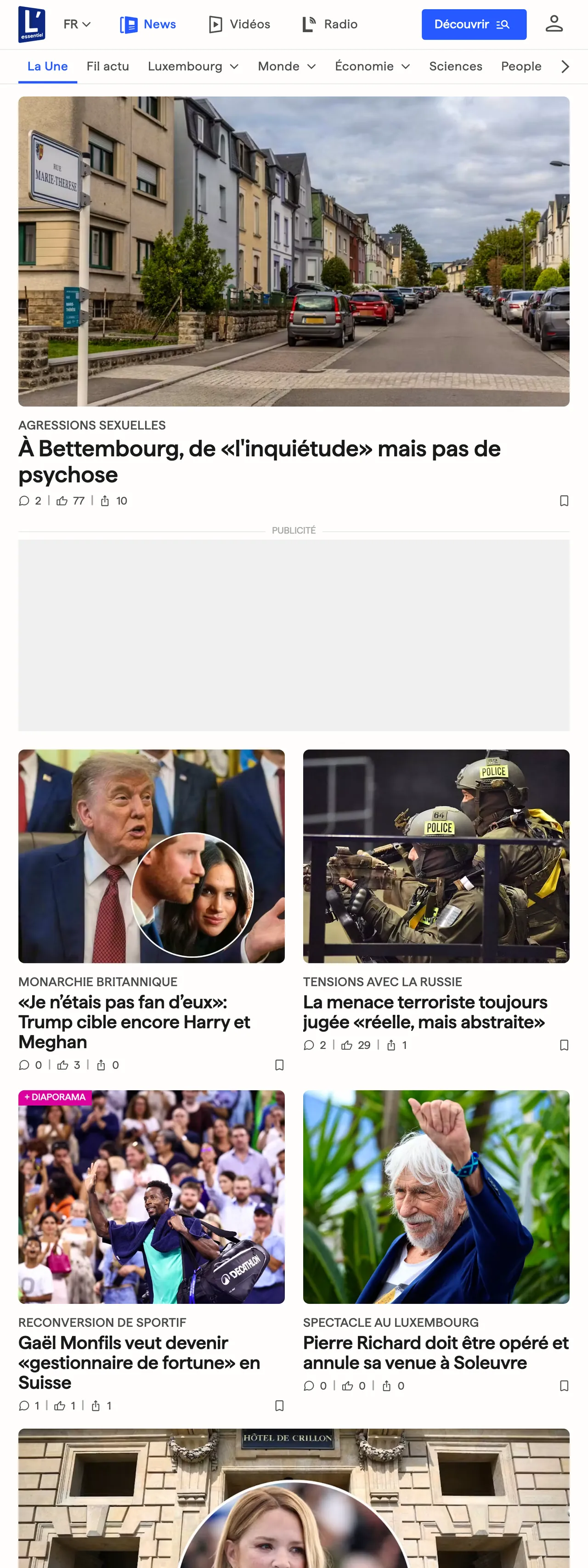 Screenshot of the L'essentiel front page