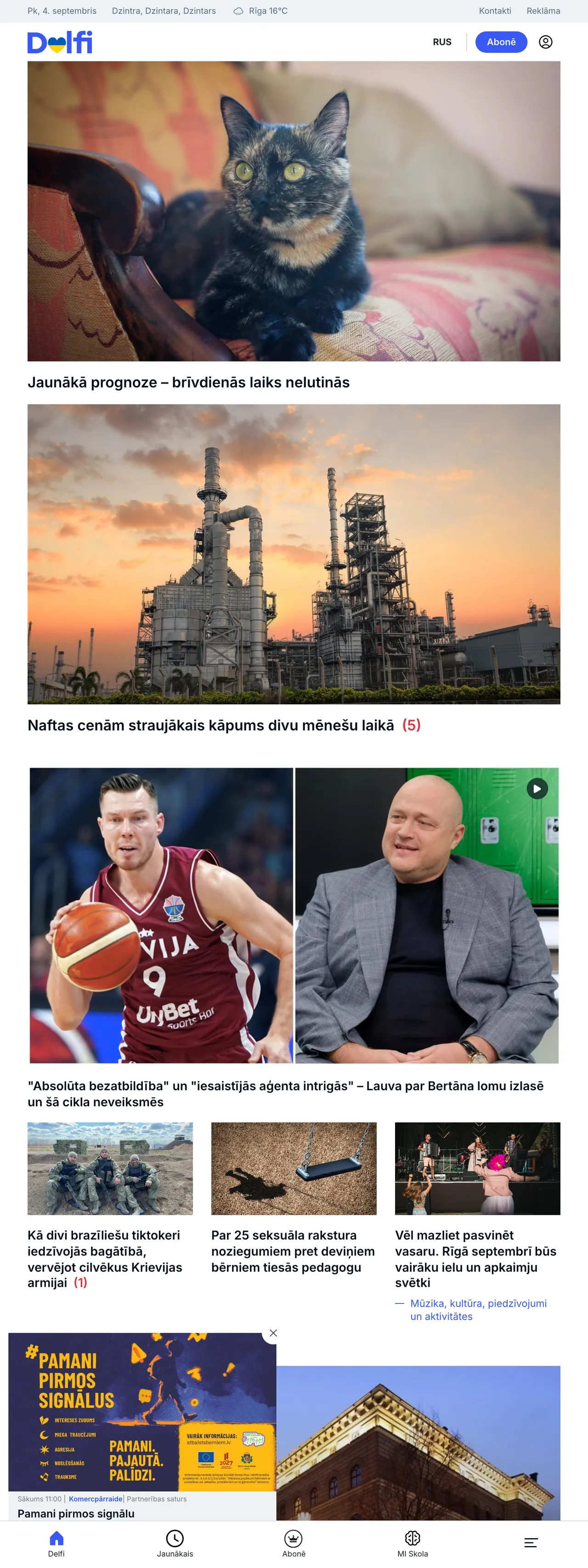 Screenshot of the Delfi front page