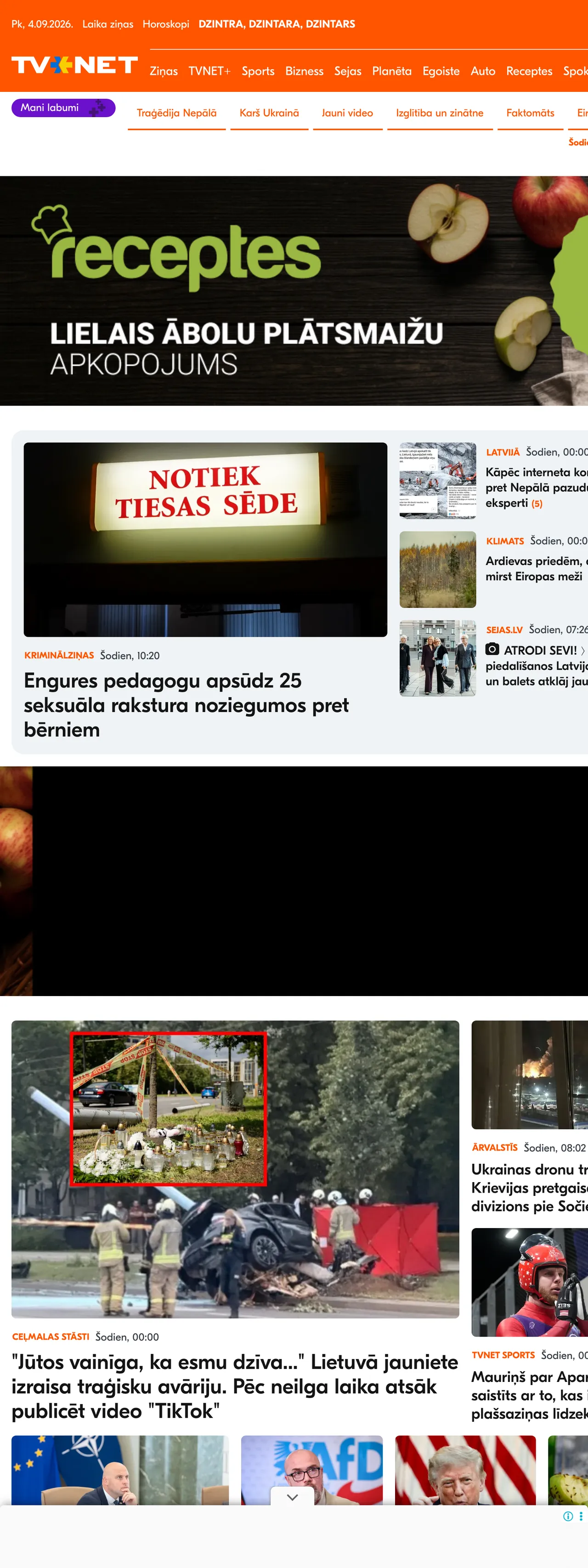 Screenshot of the TVNET front page