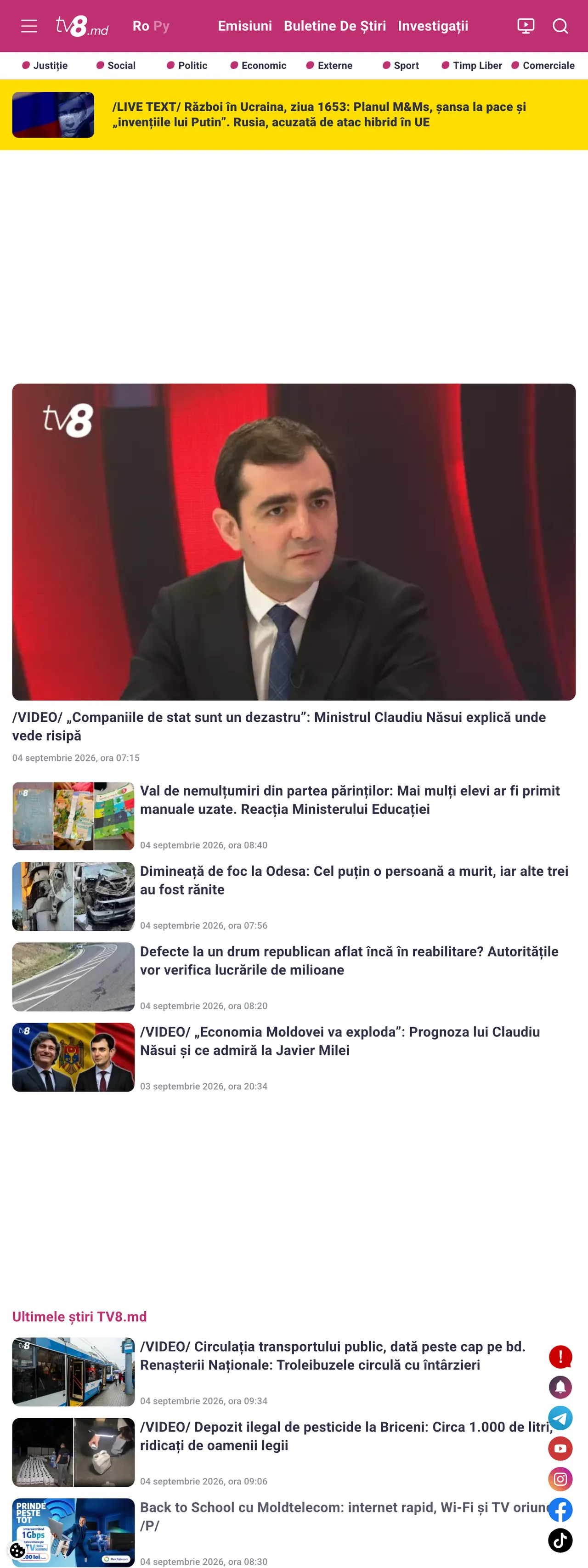 Screenshot of the TV8 front page